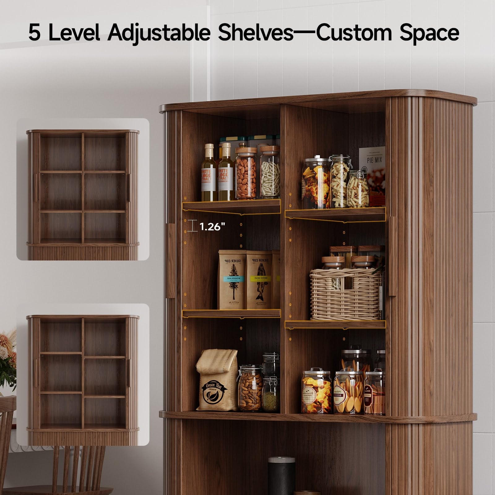 71" Fluted Pantry Cabinet with Adjustable Shelves and Pegboards