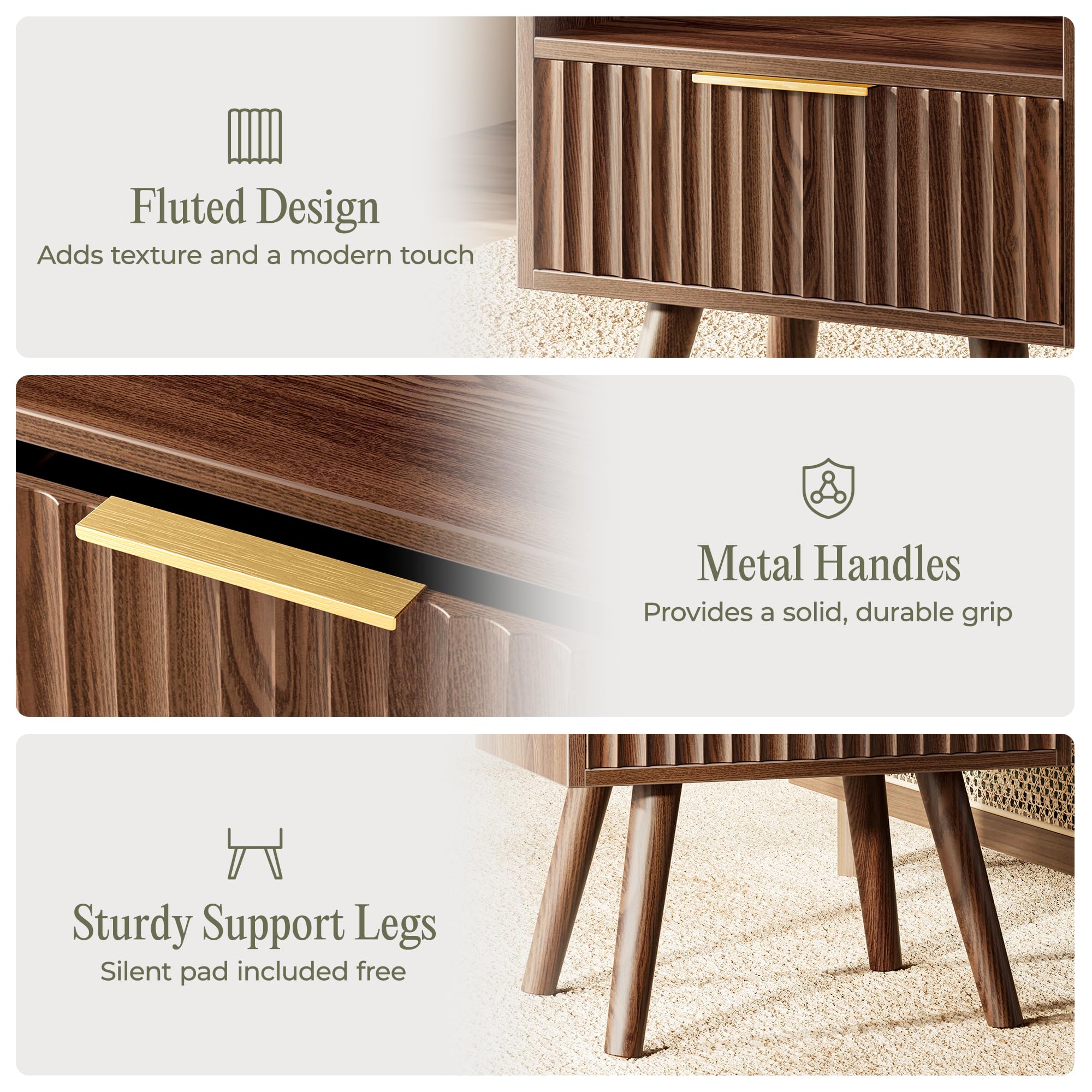 Fluted Nightstand with Charging Station and Drawer