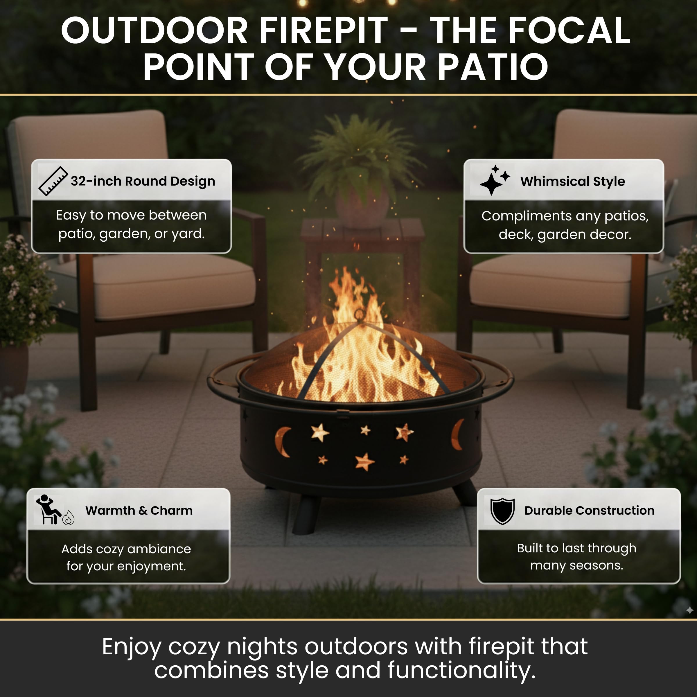 32-Inch Outdoor Wood Burning Fire Pit with Screen and Cover