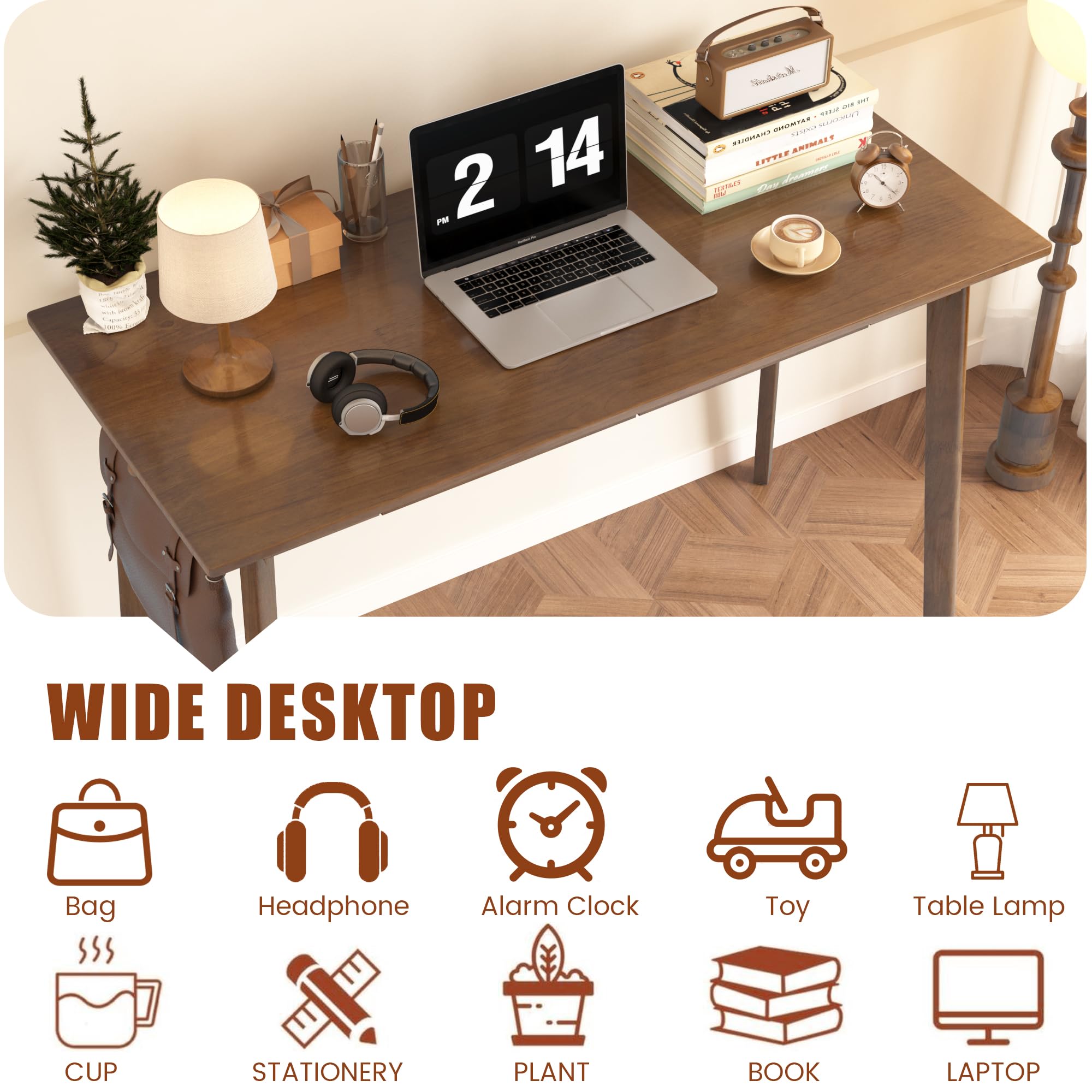 48-Inch Solid Wood Desk with Drawers and Hooks