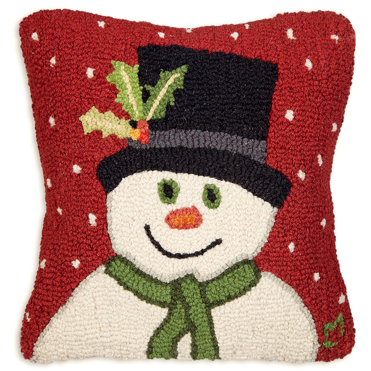 Snowman with Top Hat Hand-Hooked Wool Throw Pillow
