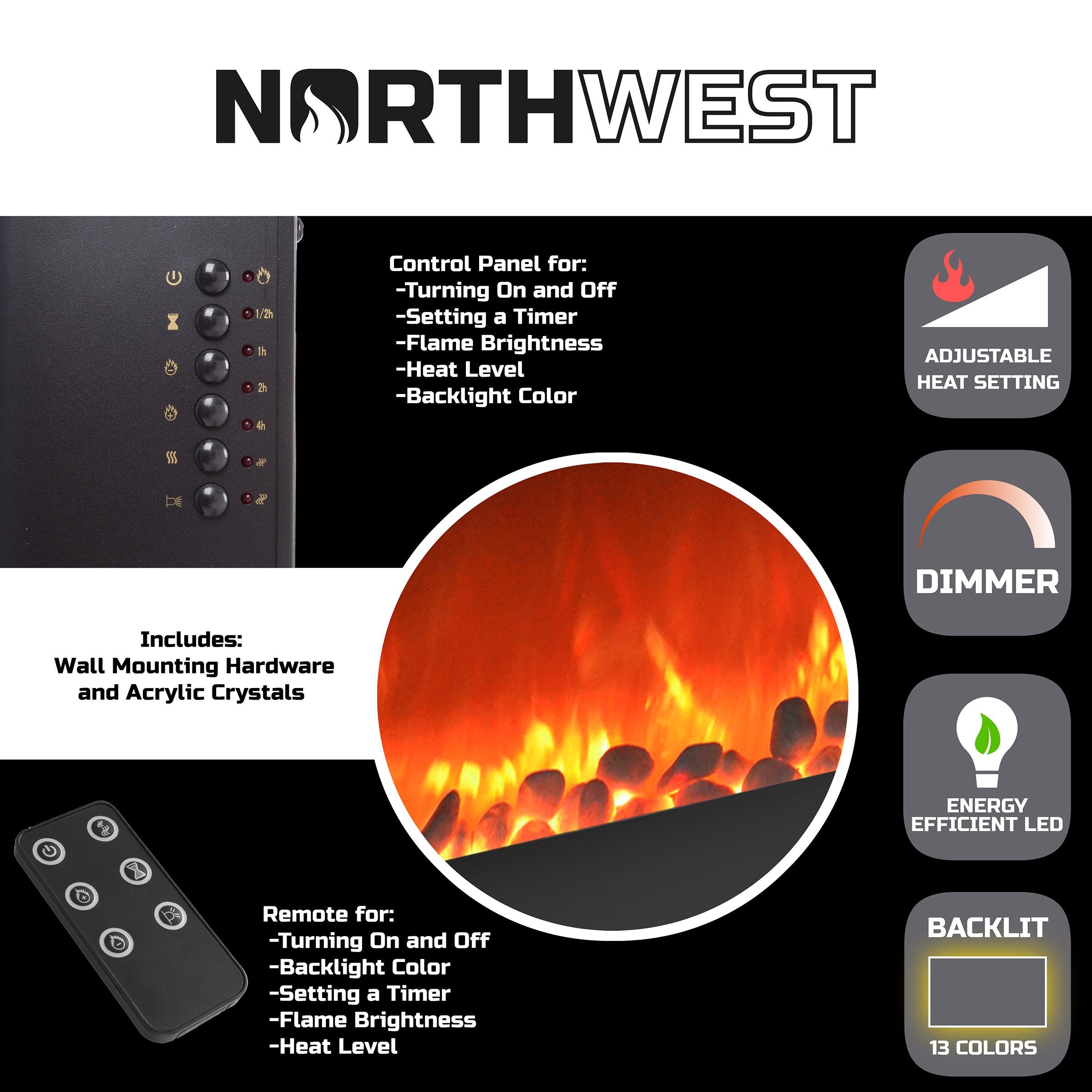 30 Inch Wall Mounted Electric Fireplace with LED Flames and Remote