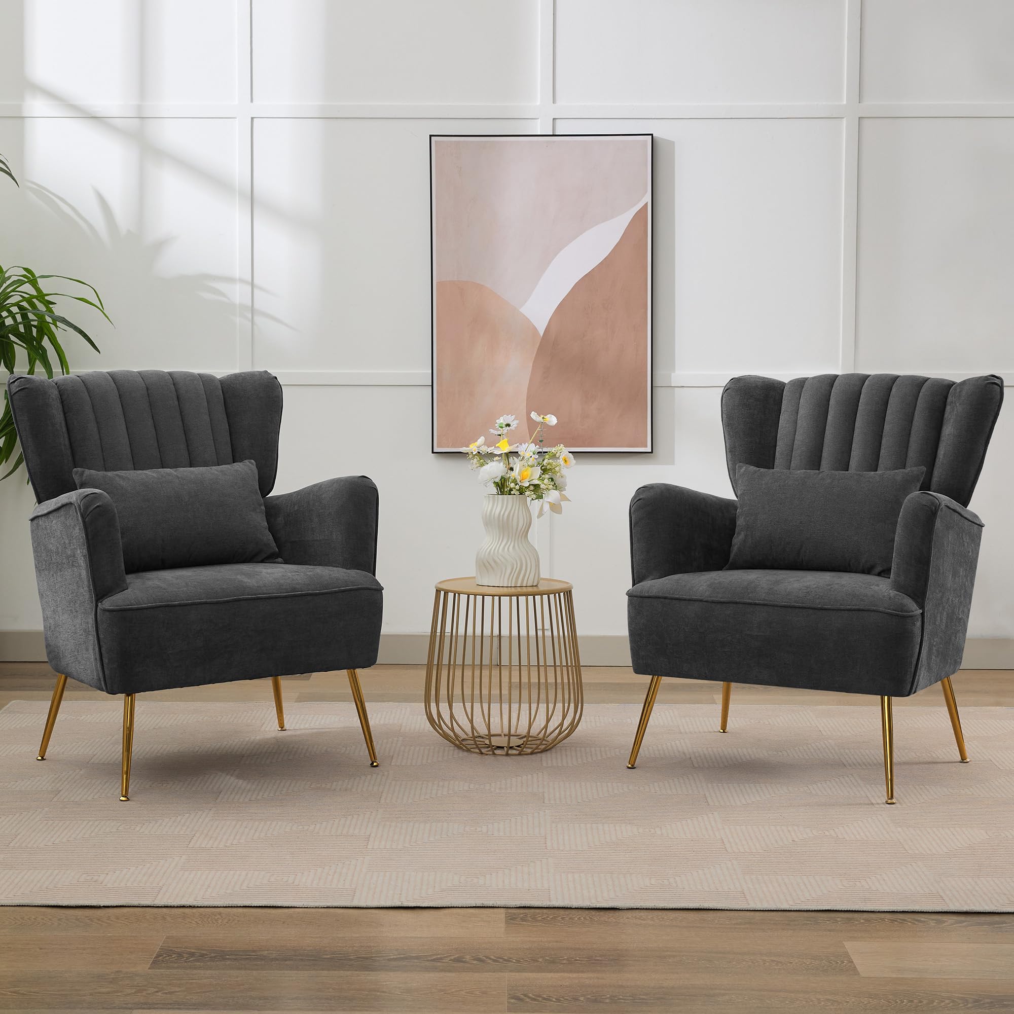 Fabric Accent Arm Chair Set of 2 with Pillow & Golden Legs