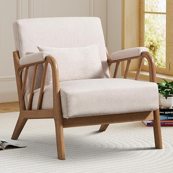 IOMOR Mid Century Modern Accent Chair with Solid Wood Frame, Upholstered Living Room Chairs with Lumbar Cushion Padded Arms, Reading Armchair for Bedroom (1, Olive Green)