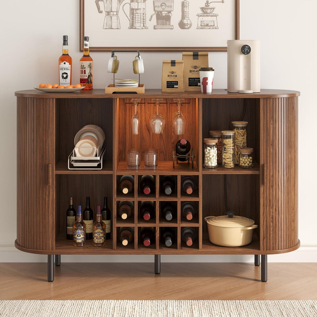 55 Inch Fluted Wine Bar Cabinet with LED Light and Charging Station