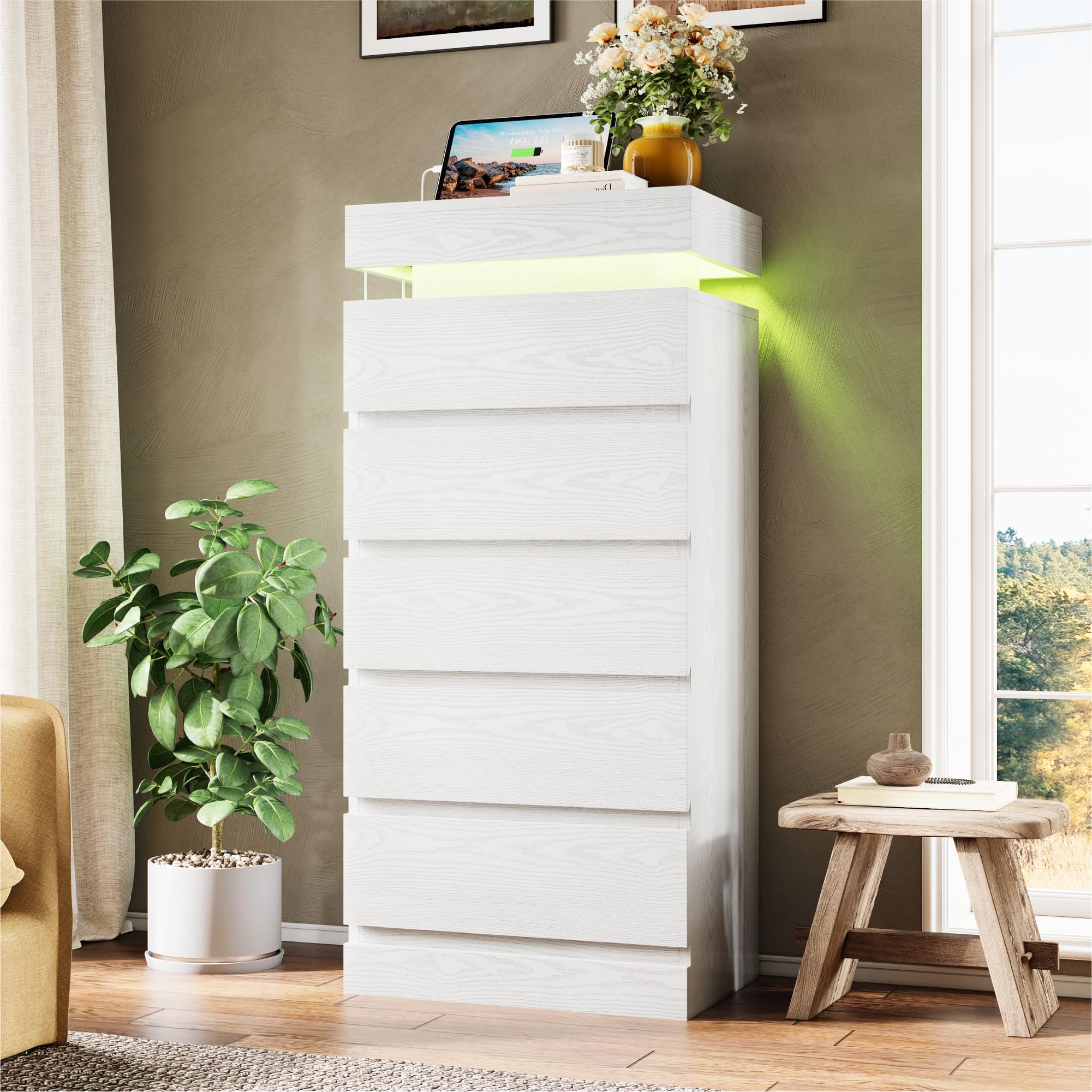 5-Drawer Tall Dresser with LED Lights and Charging Station