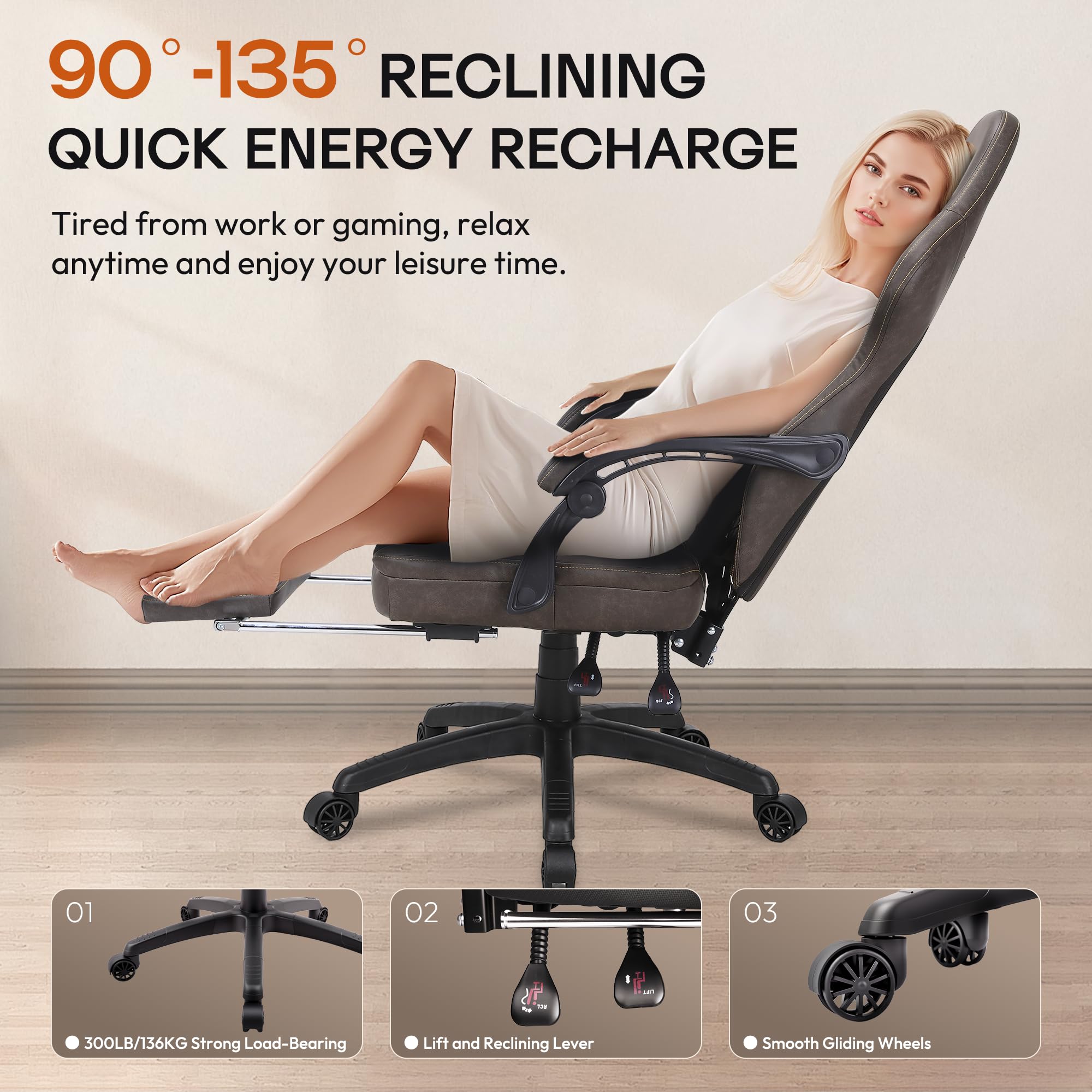 Ergonomic Gaming Chair with Massage Lumbar Support and Footrest