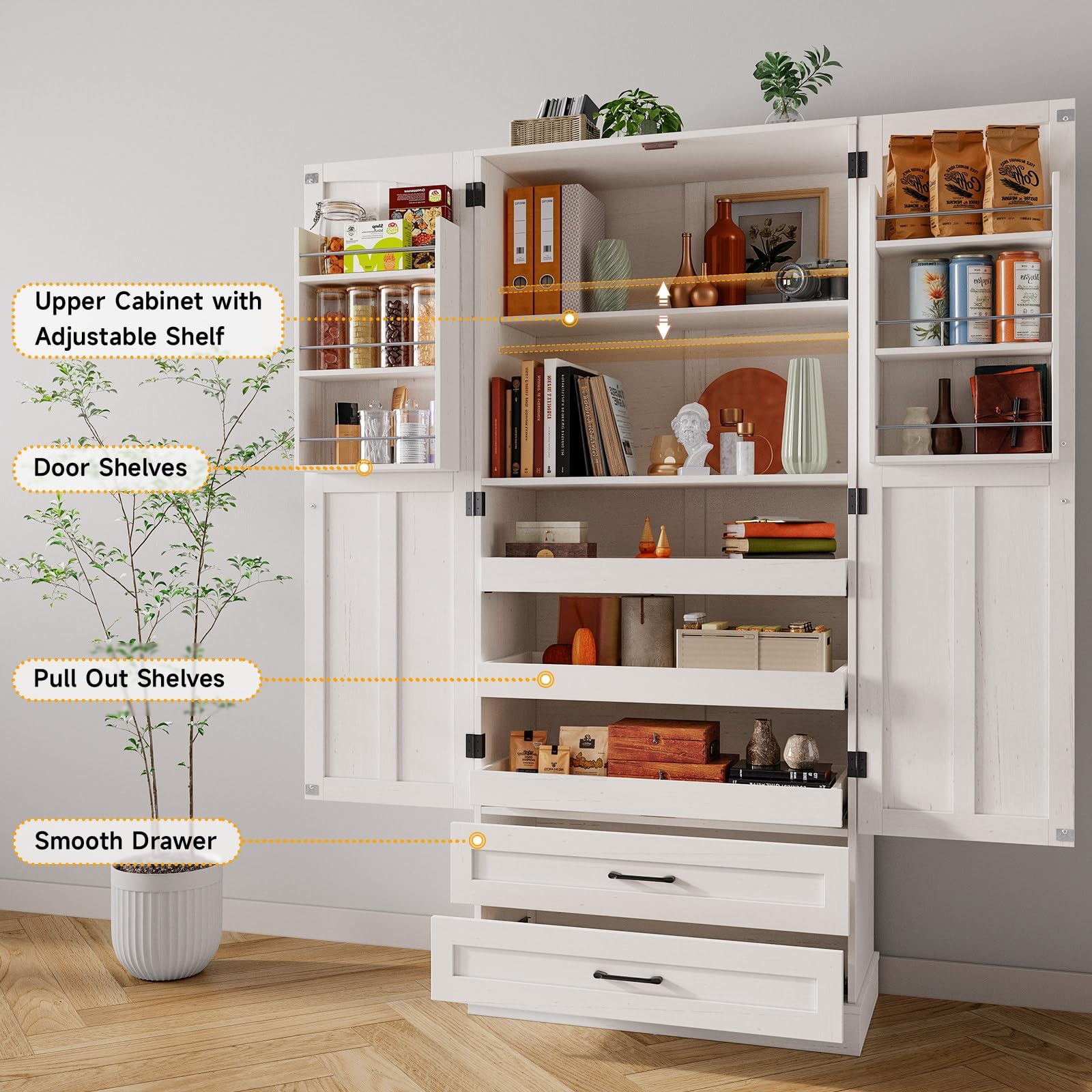71" Tall Farmhouse Kitchen Pantry Cabinet with Pull Out Shelves
