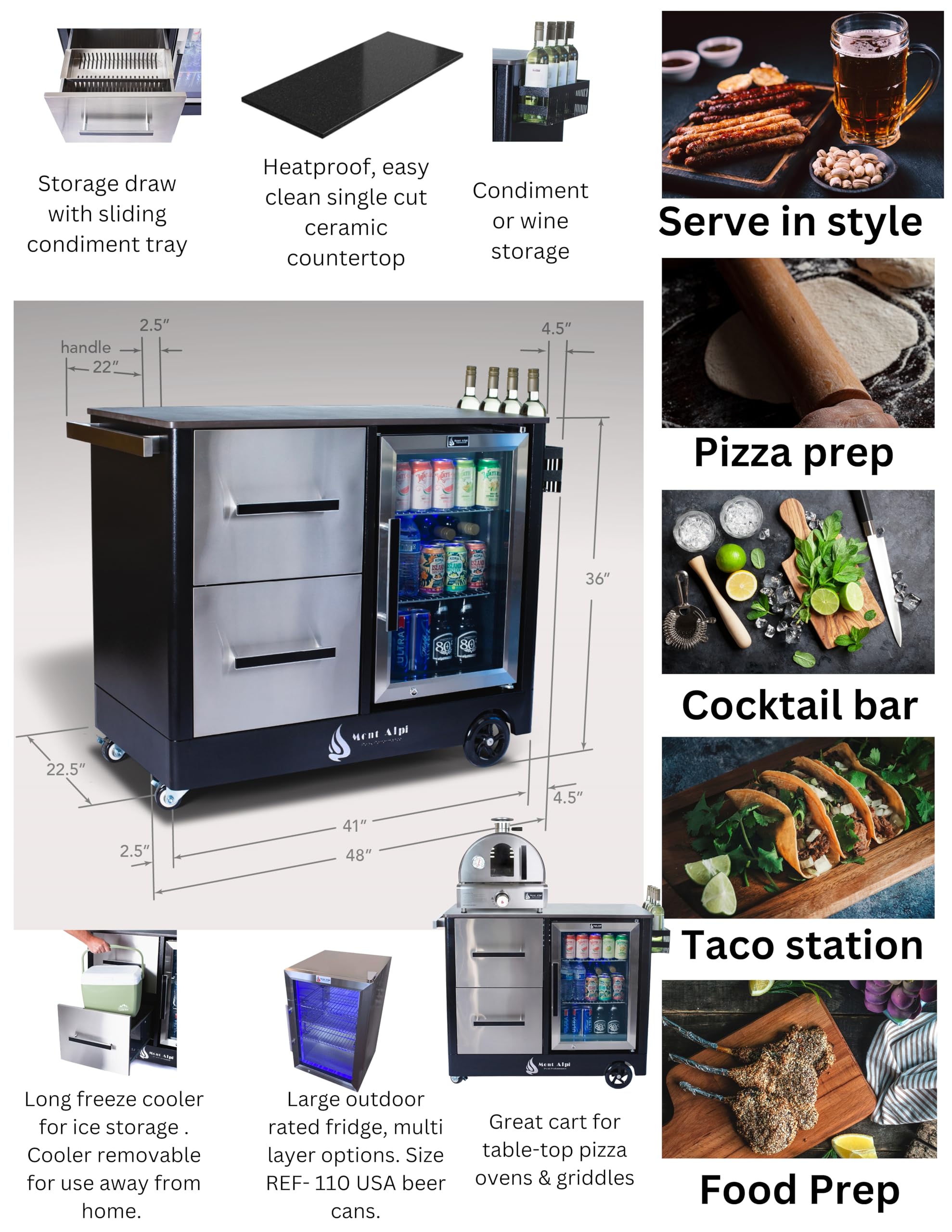 Outdoor Prep Bar Cart with Refrigerator and Pizza Oven