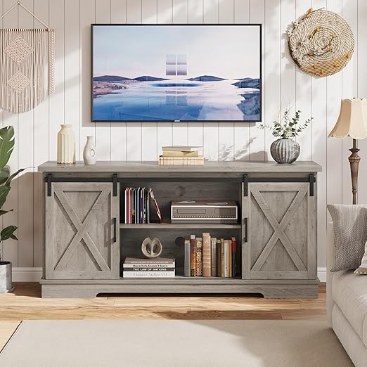 Farmhouse TV Stand for 65 Inch TV with Barn Doors and Storage