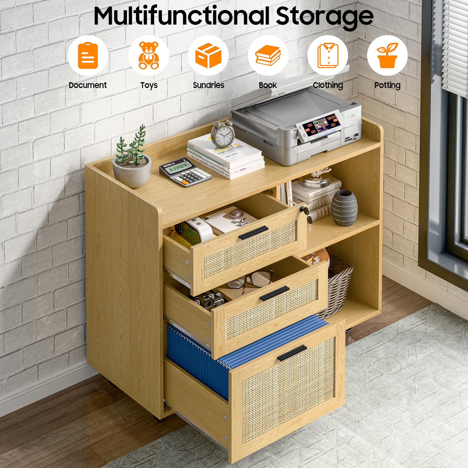 3 Drawer Rattan File Cabinet with Lock