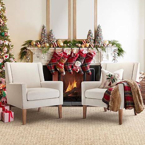 Mid-Century Modern Wingback Accent Chair Set of 2 - Green Chenille Upholstered