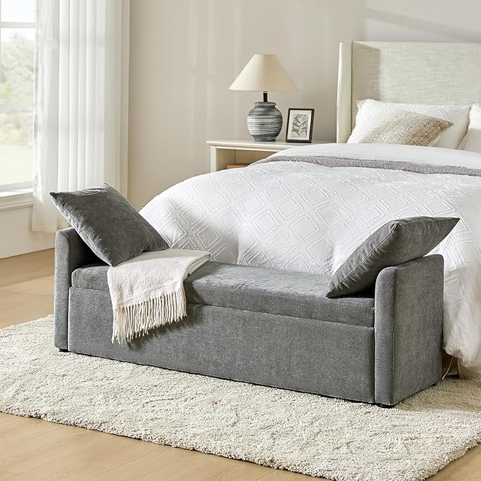 59.4" Modern Storage Bench with Throw Pillows - Beige Upholstered Ottoman