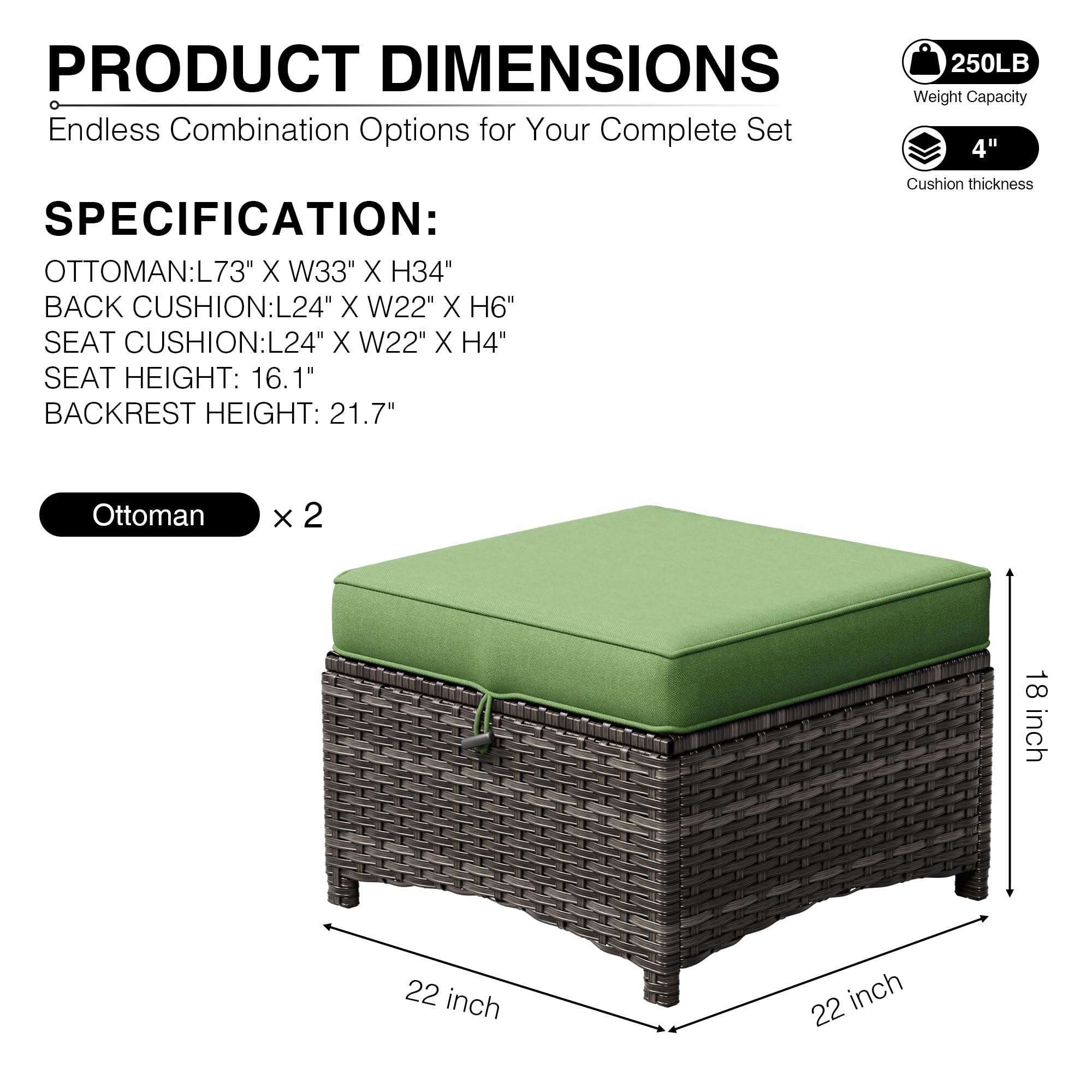 Outdoor Wicker Ottoman Set of 2 with Cushions