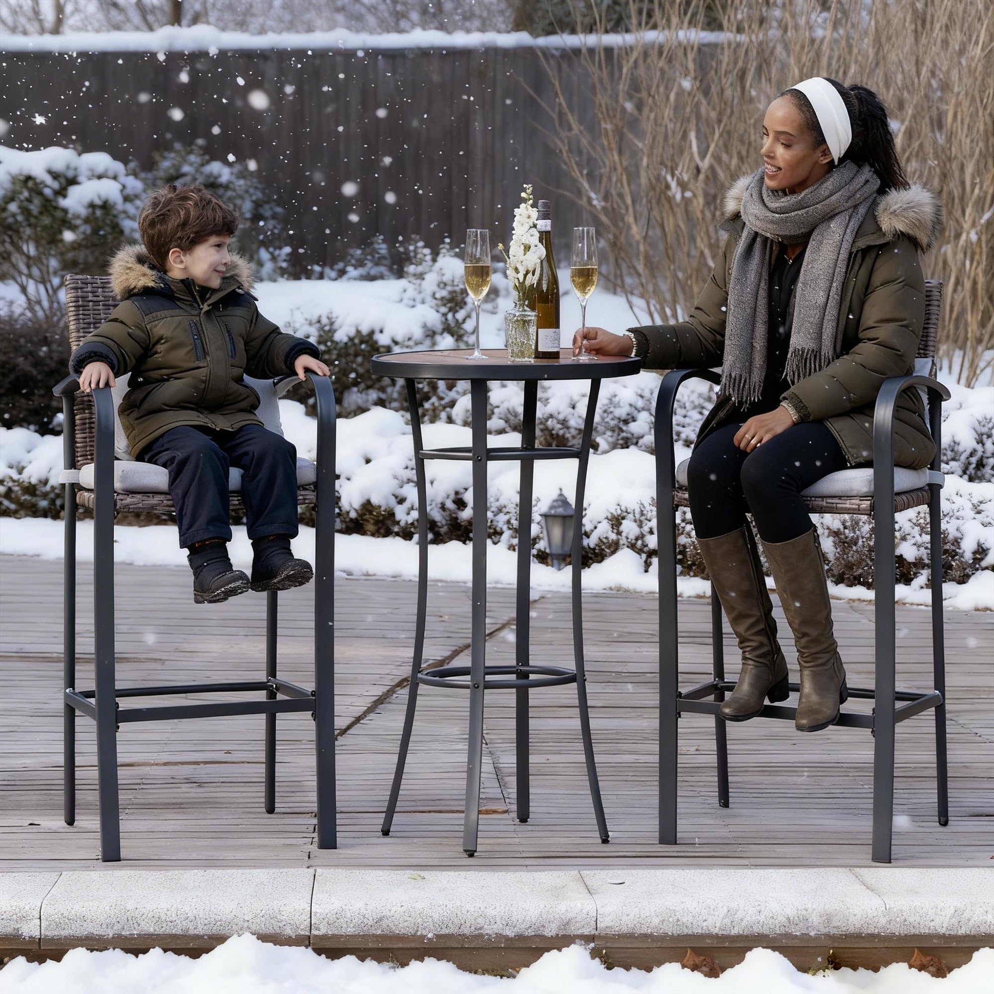 Round Bar Height Patio Table with Wood-Like Top