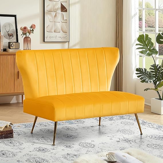Yellow Velvet Loveseat with Gold Legs