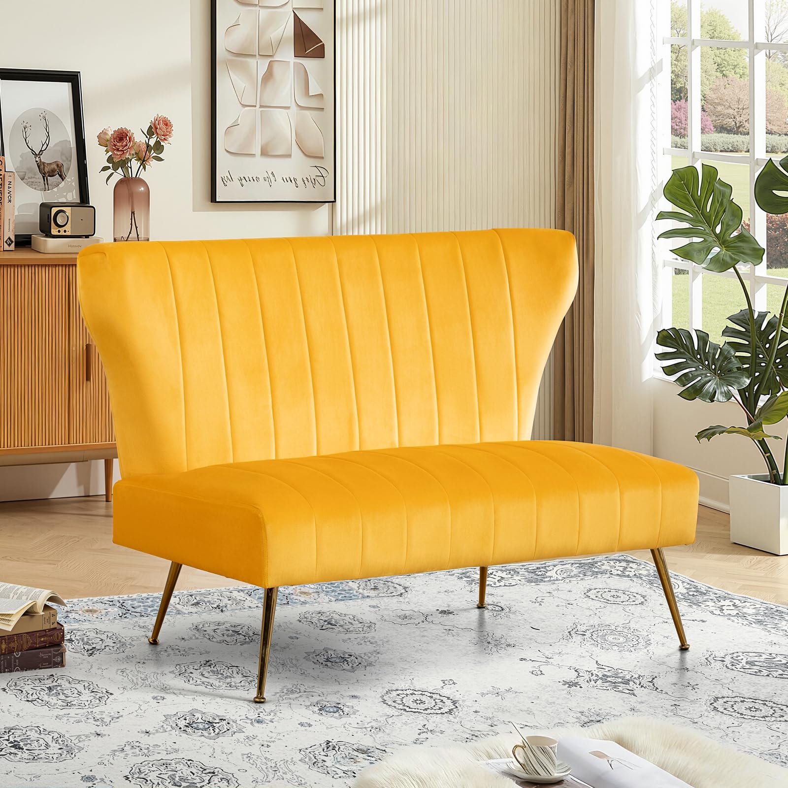Yellow Velvet Loveseat with Gold Legs