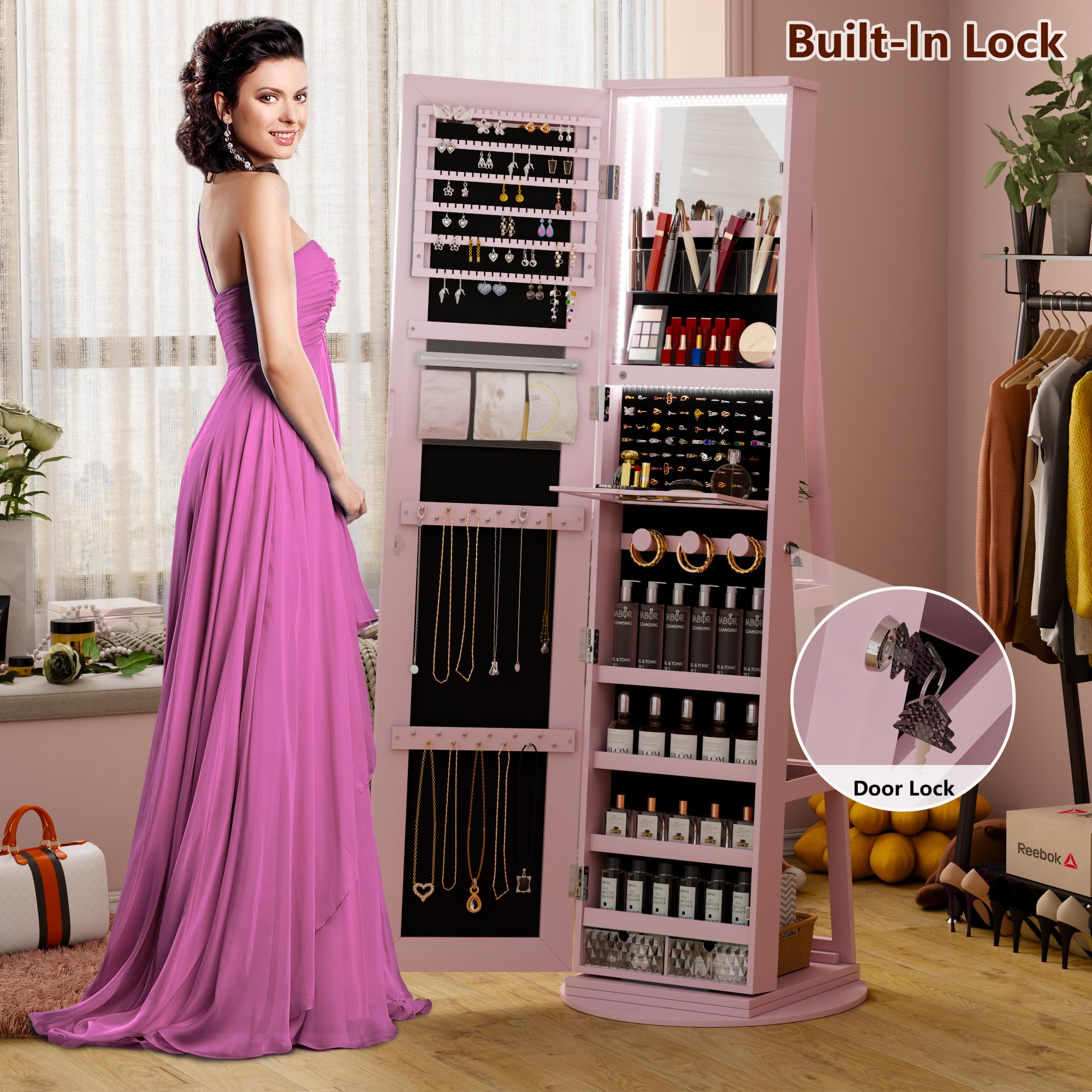 LED Mirror Jewelry Cabinet with 360° Swivel Storage