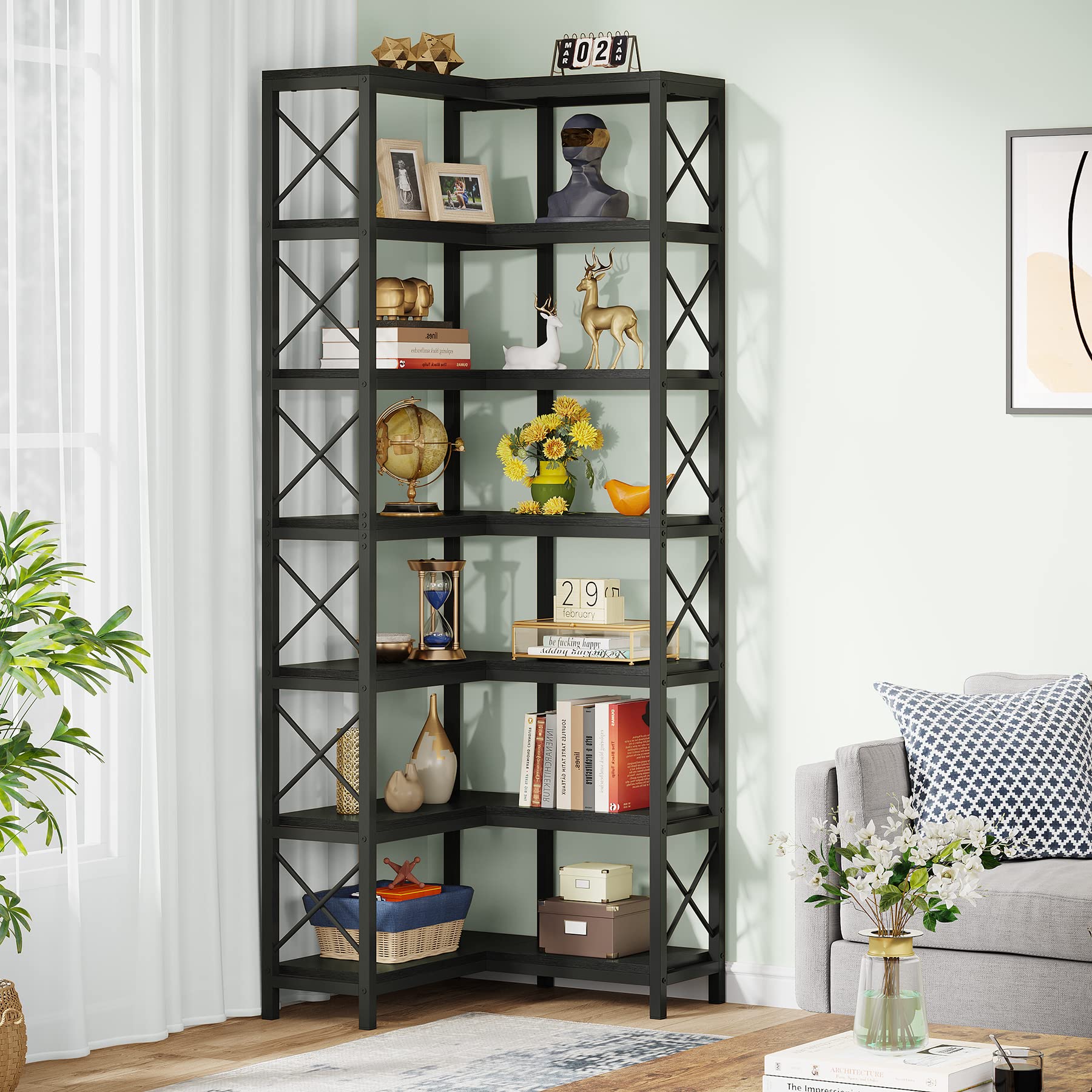 7-Tier Corner Bookshelf with Metal Frame