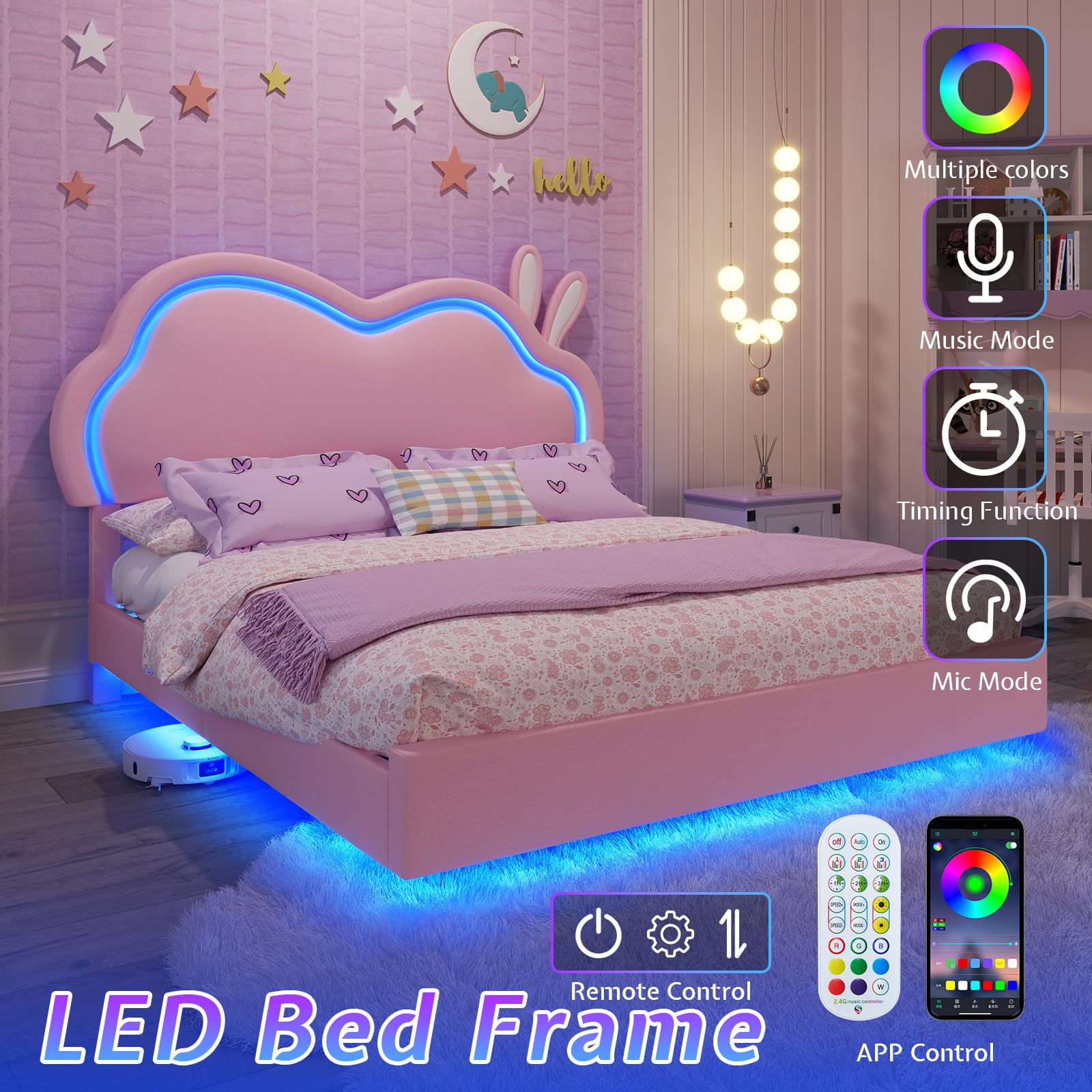 Queen Pink Upholstered Platform Bed with LED Lights