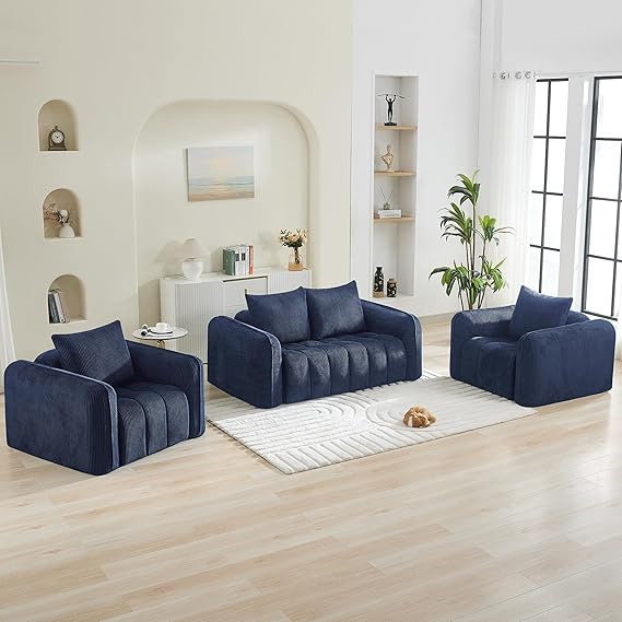 Modern Corduroy Living Room Set - Loveseat with 2 Single Chairs