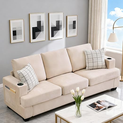 89-Inch 3-Seater Chenille Sofa with Cup Holders