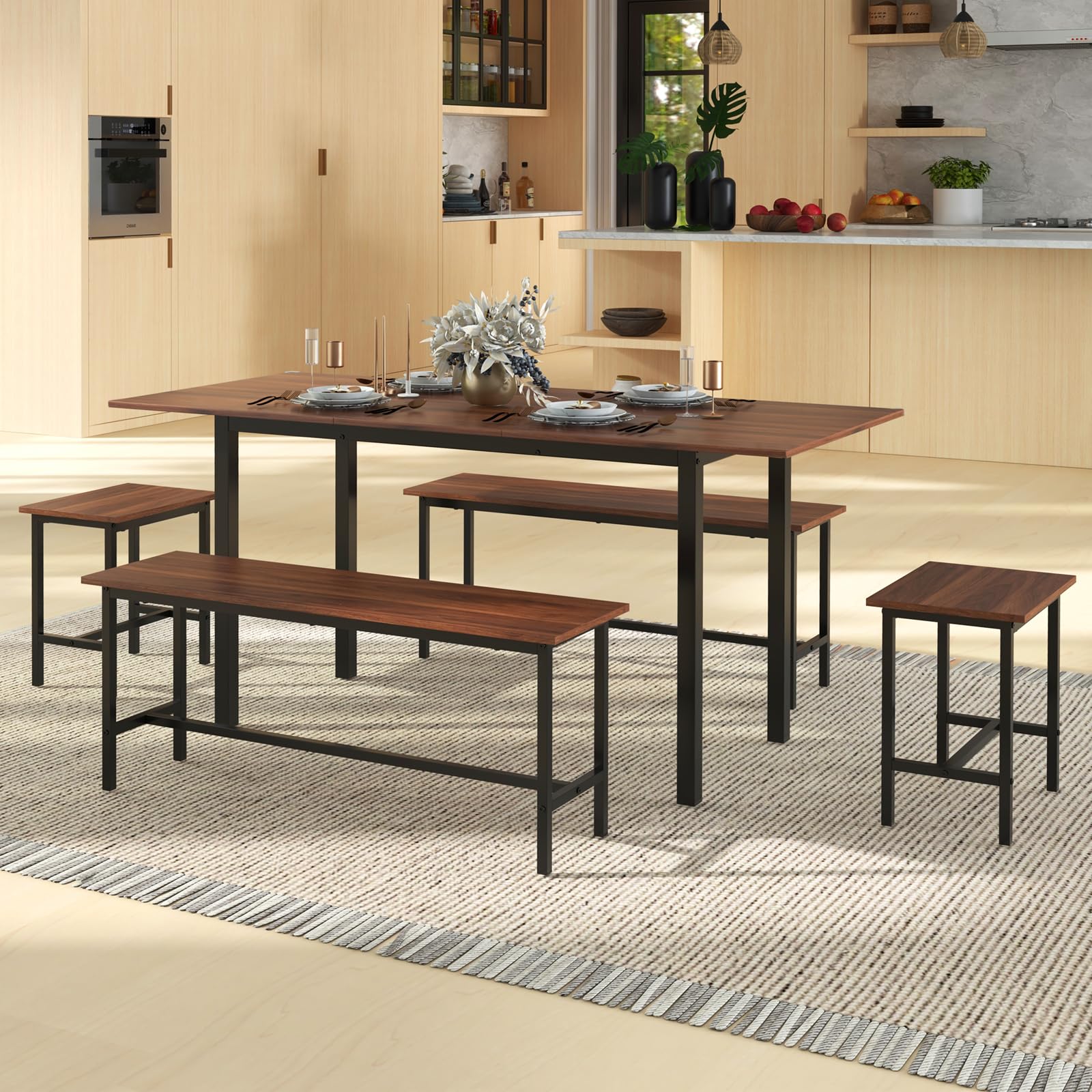 5-Piece Extendable Dining Table Set with Benches and Stools