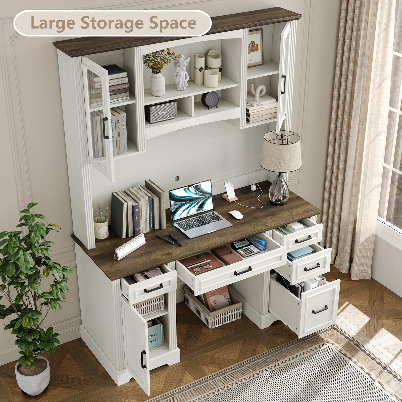 76" Farmhouse Executive Desk with Hutch and Charging Station