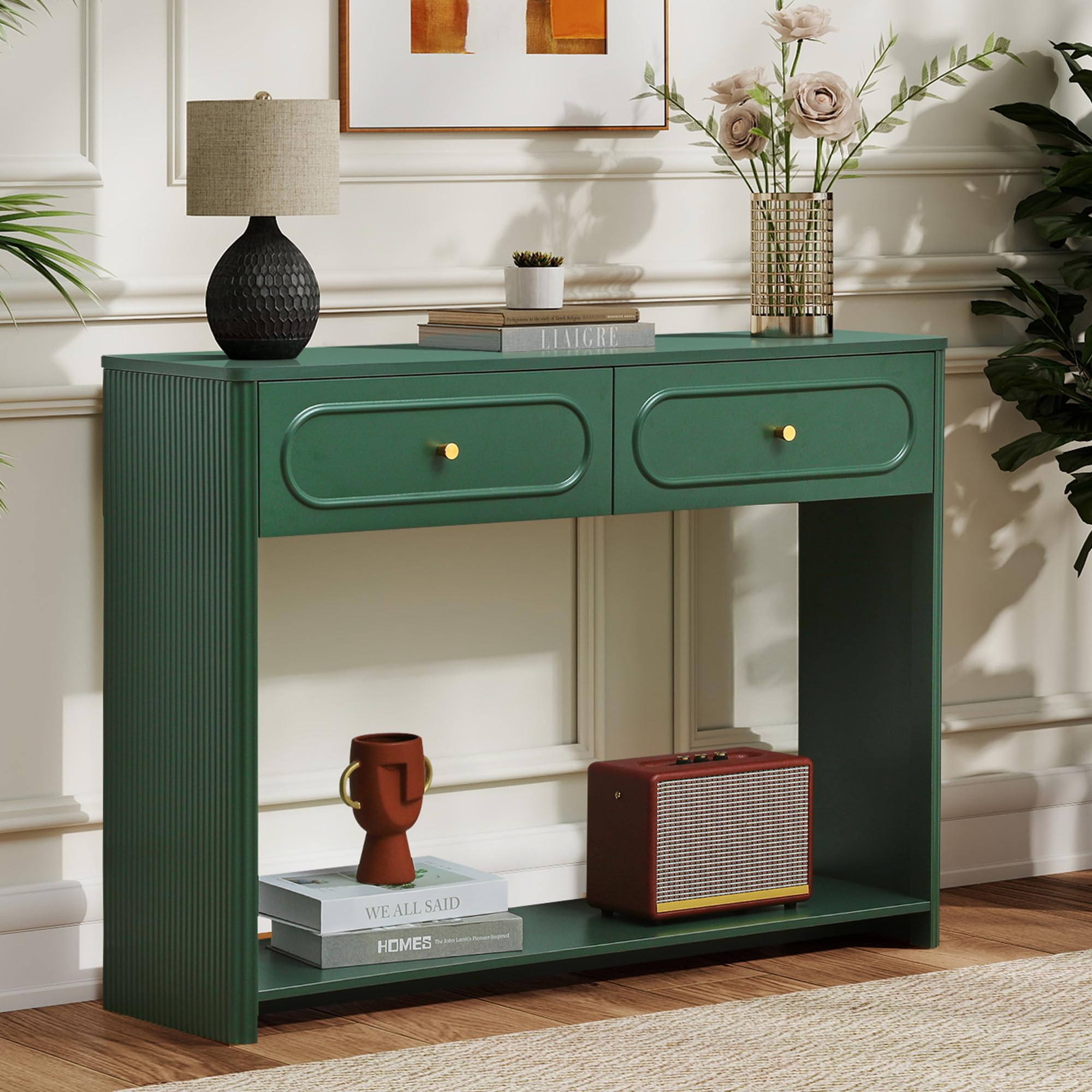Fluted Console Table with Drawers and Storage Shelves