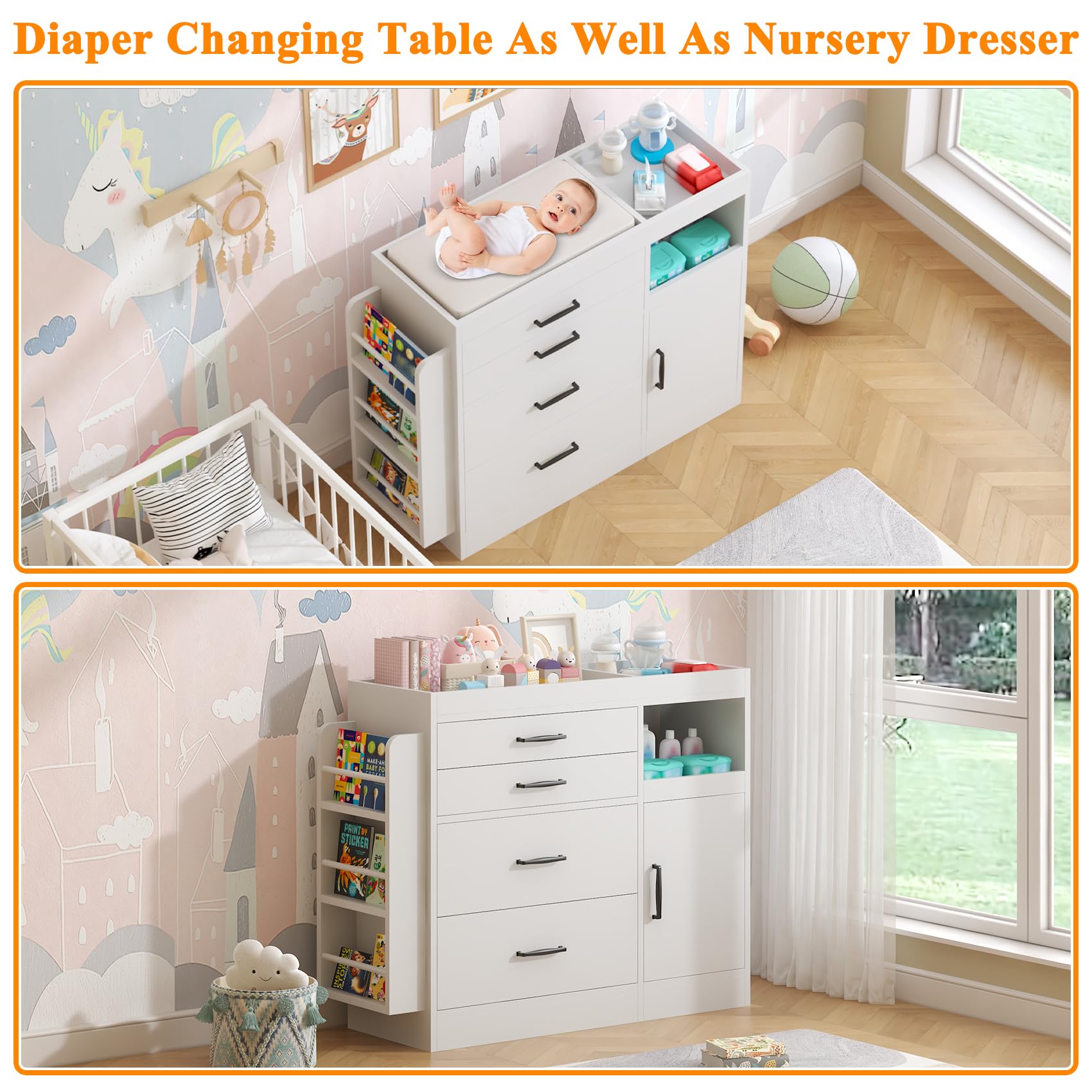 Changing Table Dresser with 4 Drawers Cabinet and Open Shelves