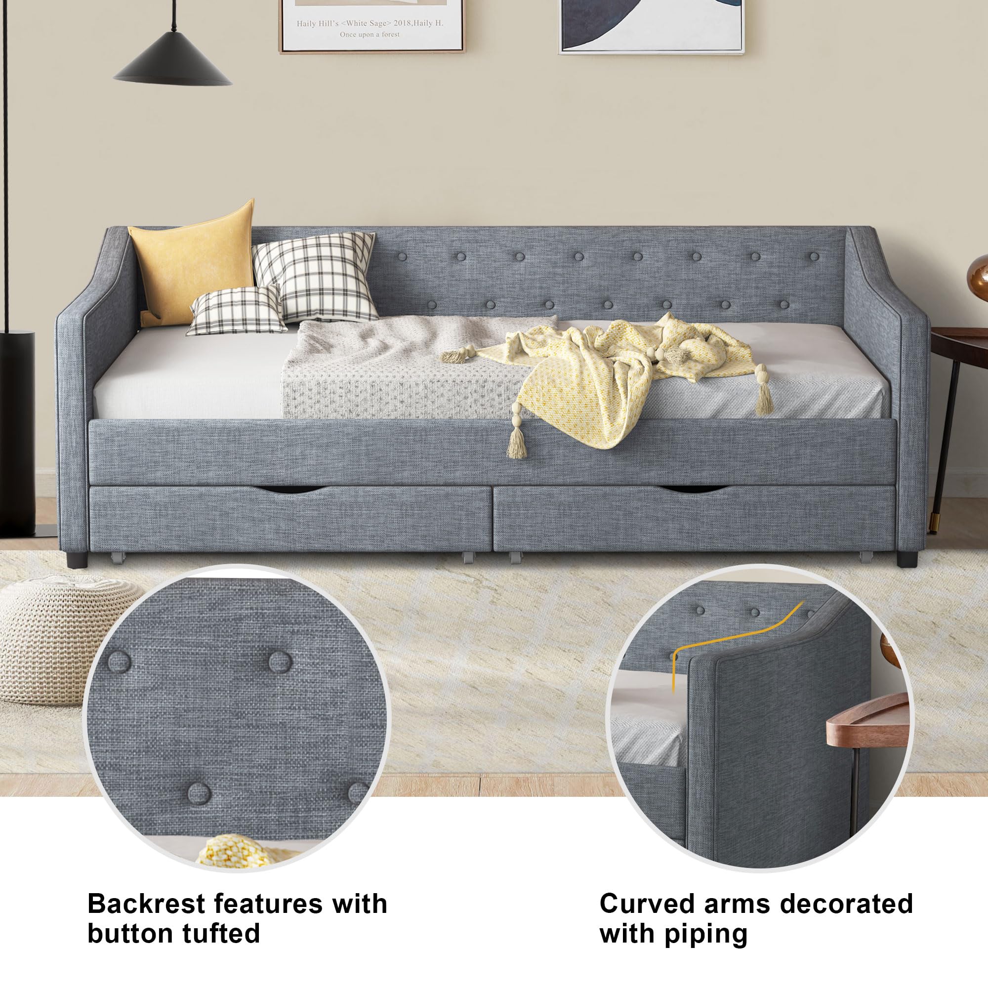 Twin Size Daybed with Two Drawers and Linen Upholstered Frame
