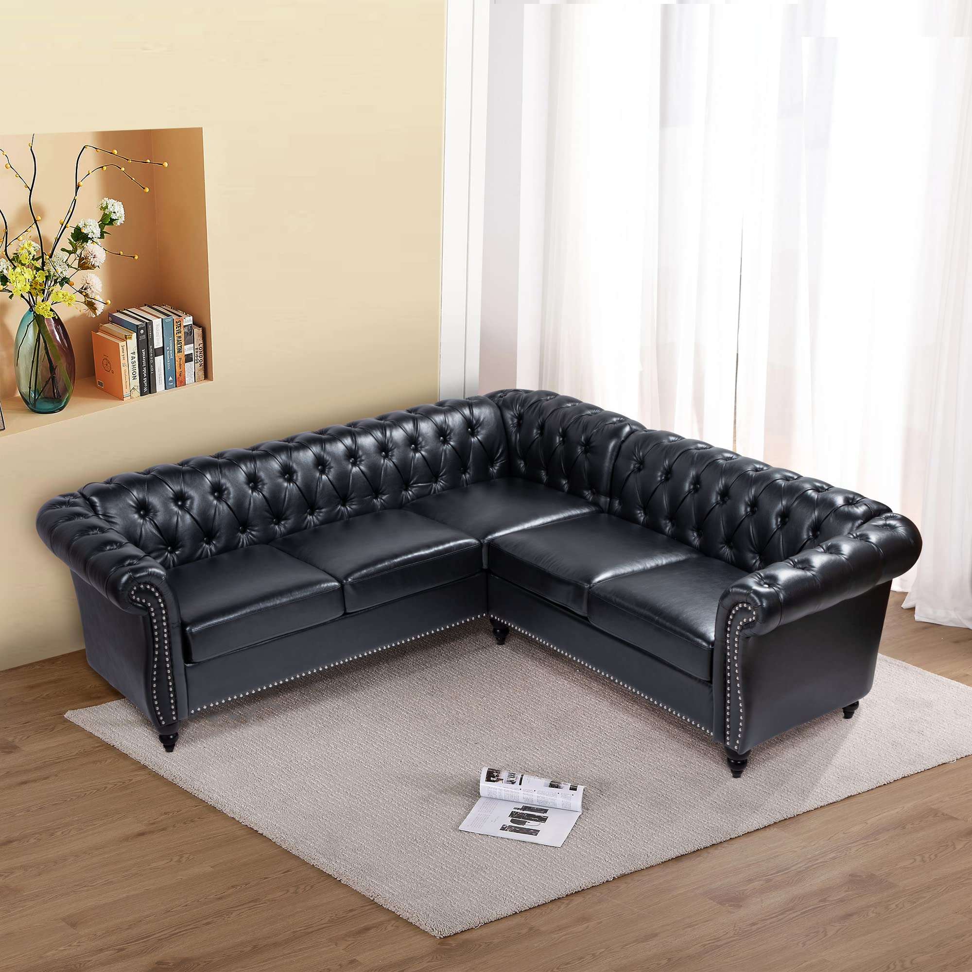 Chesterfield L-Shaped Sectional Sofa 5-Seater Black