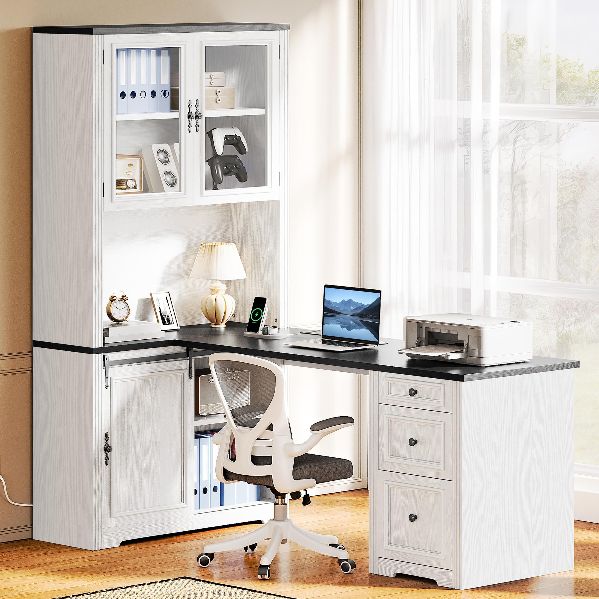 L-Shaped Executive Desk with Hutch and Storage Cabinet