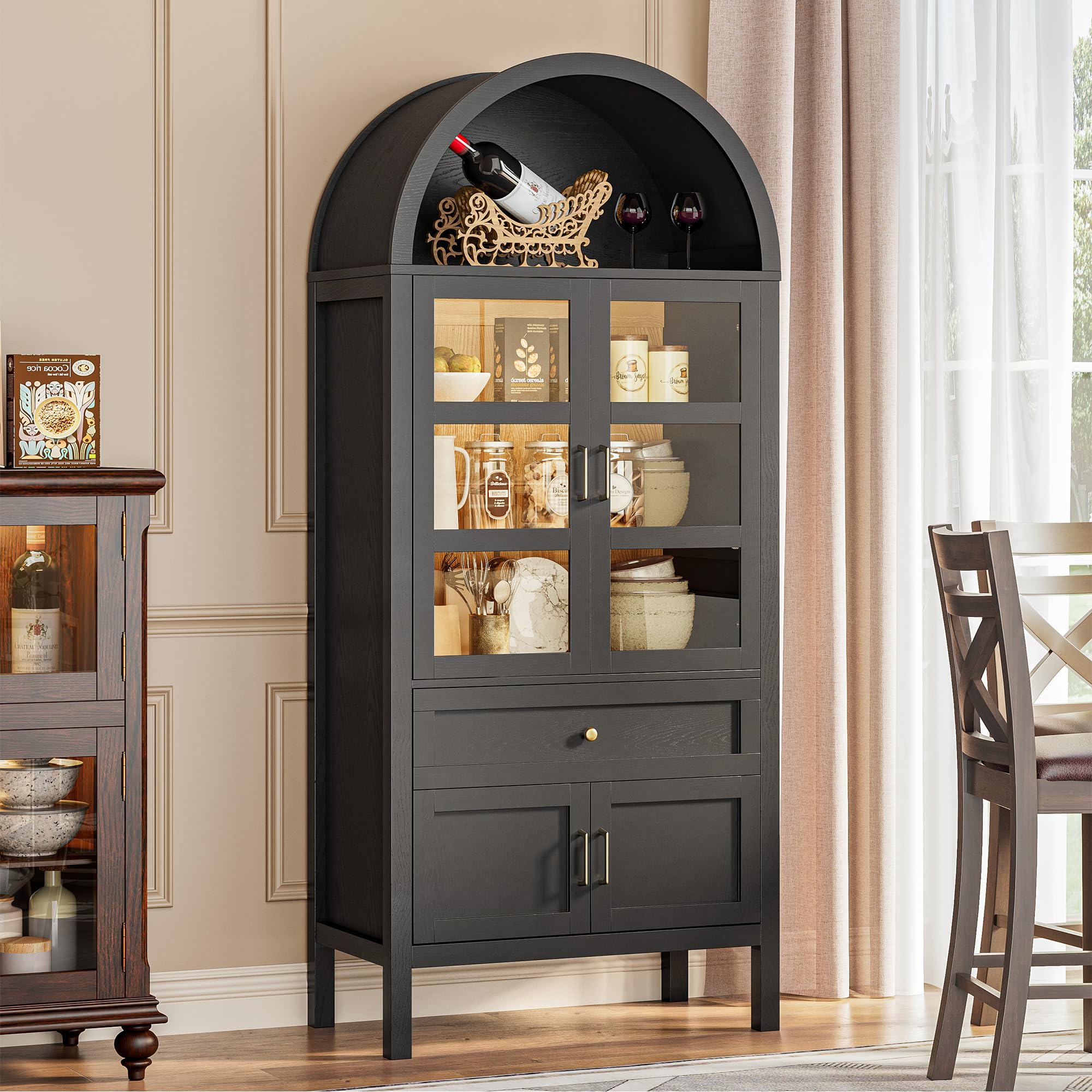 Arched Glass Display China Cabinet with LED Lighting