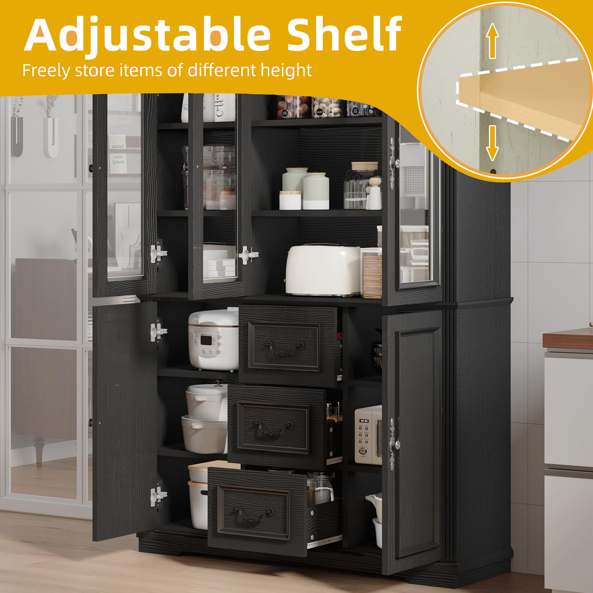 72" Tall Kitchen Pantry Cabinet with Glass Doors