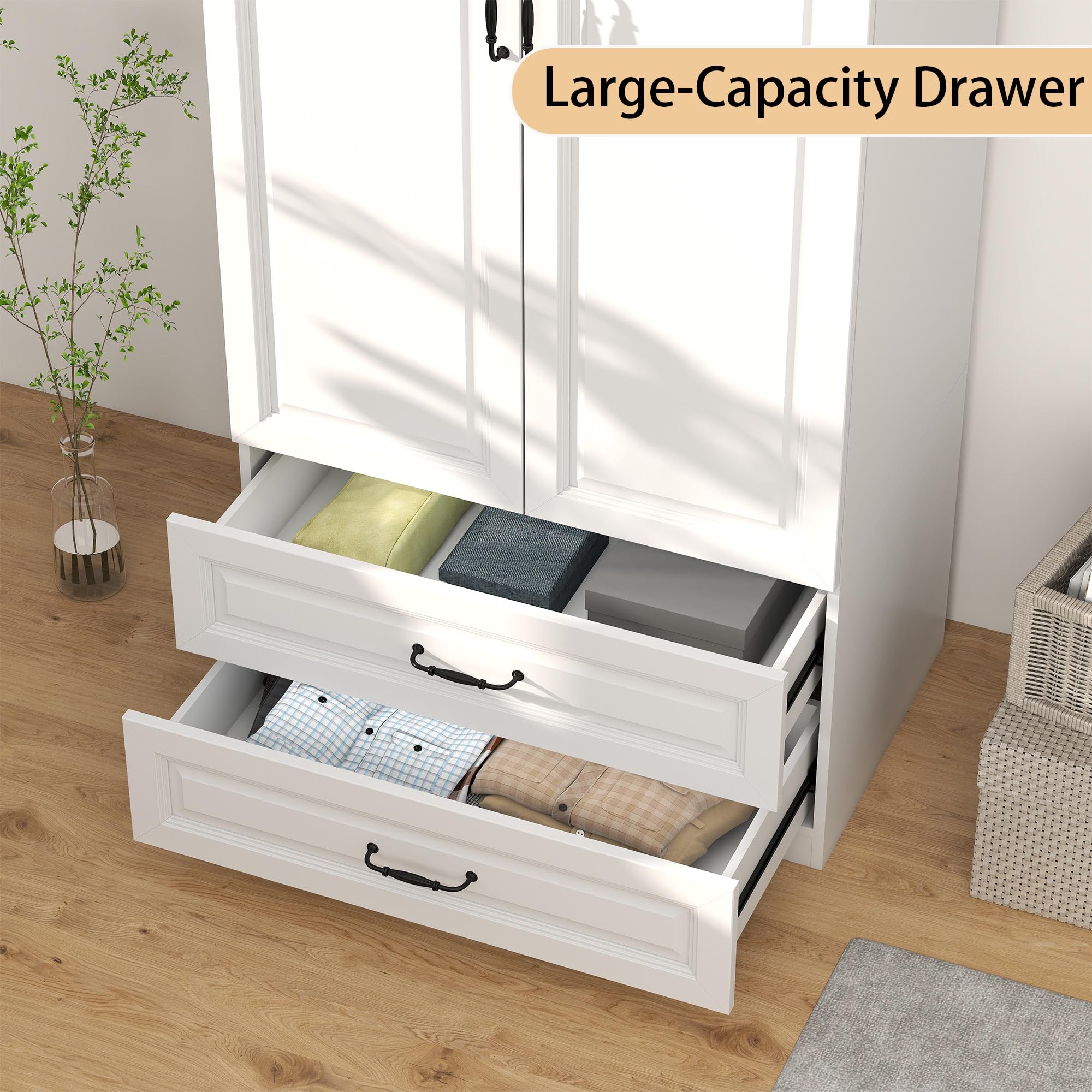 White Armoire Wardrobe Closet with Drawers and Hanging Rod