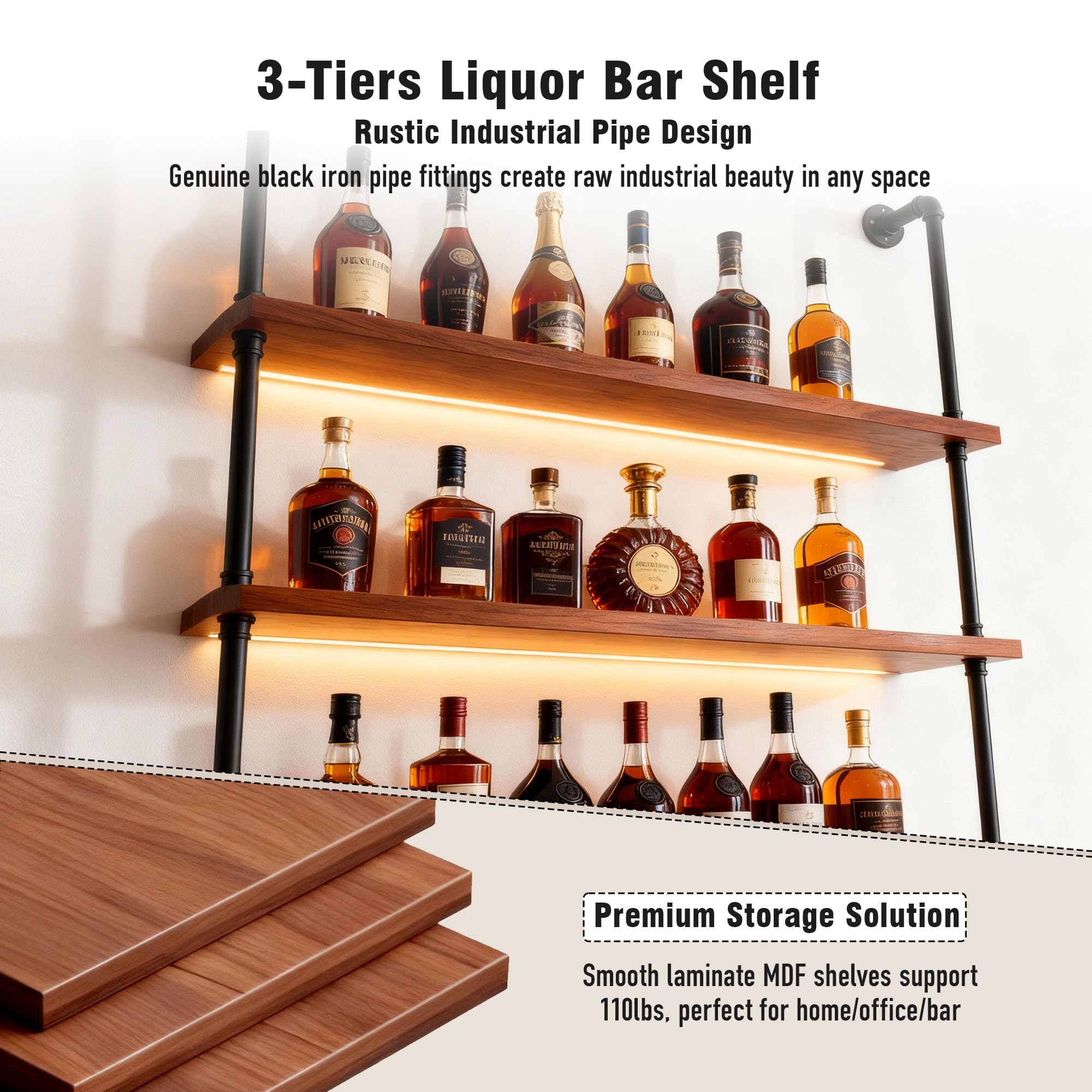 39" Wall Mounted Wine Rack with LED Lights - 3 Tier Industrial Pipe Floating Shelves
