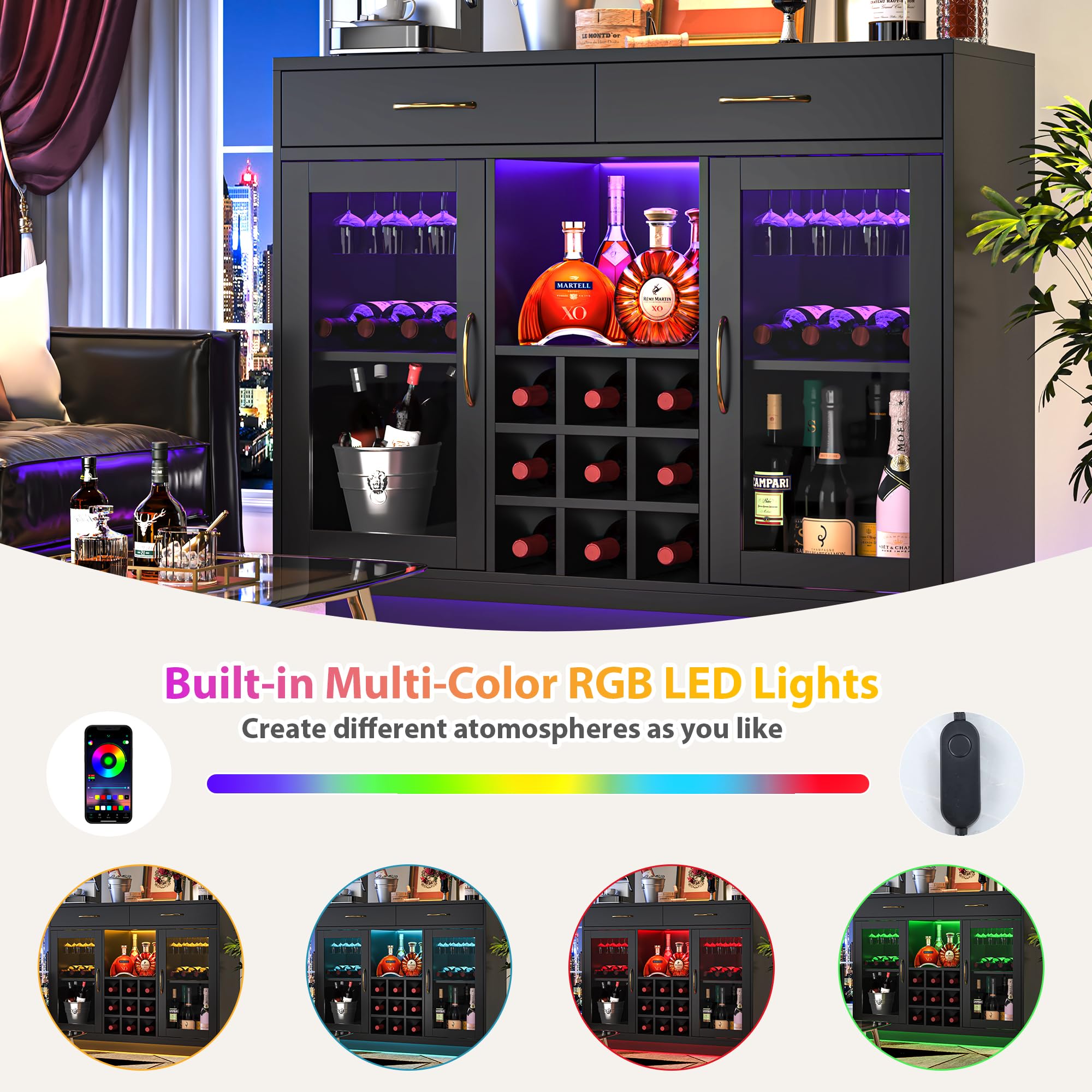 Wine Bar Cabinet with LED Lights and Glass Rack