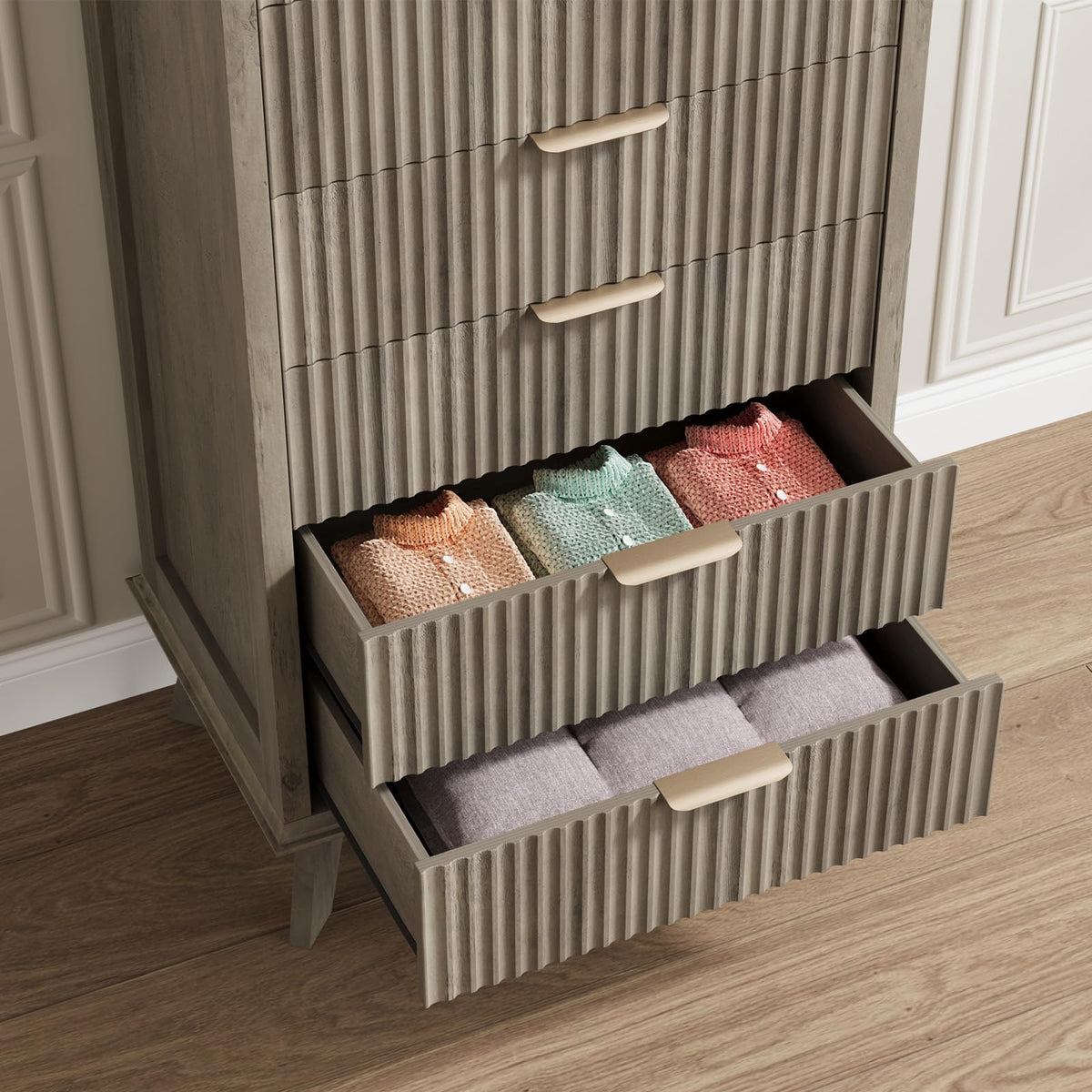 Fluted 6 Drawer Dresser with Metal Handle