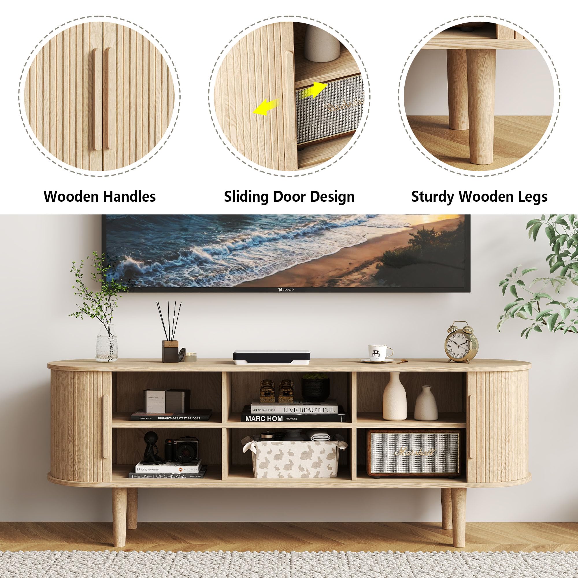 TV Stand with Sliding Doors and Storage Compartments