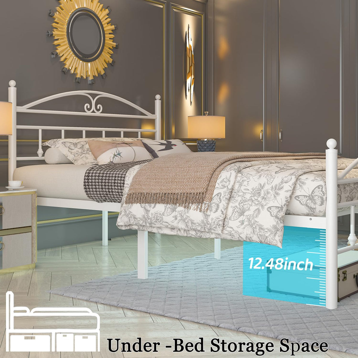 12 Inch Full Size Bed Frame with Charging Station and LED Lights