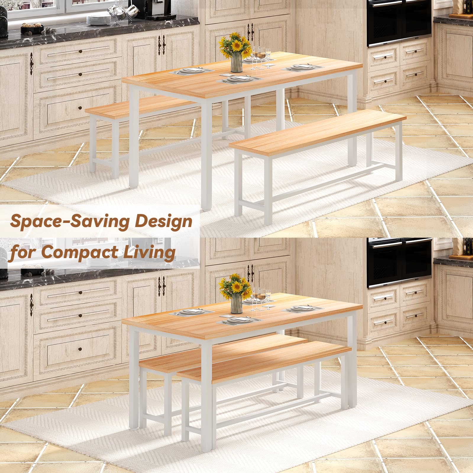 Dining Table Set for 4 with Benches