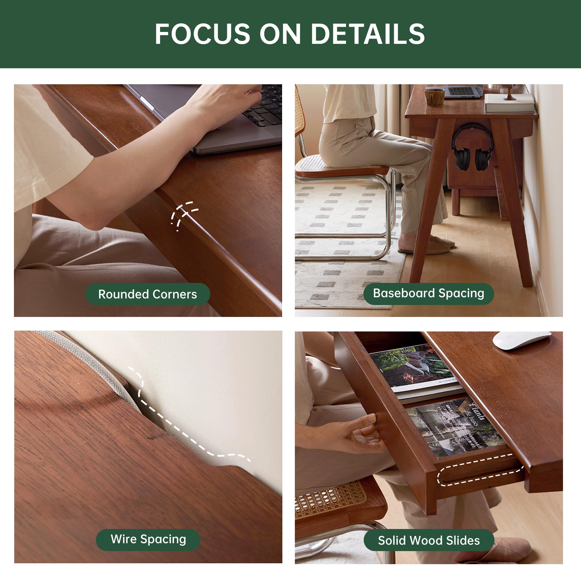 Solid Rubber Wood Writing Desk with Drawer