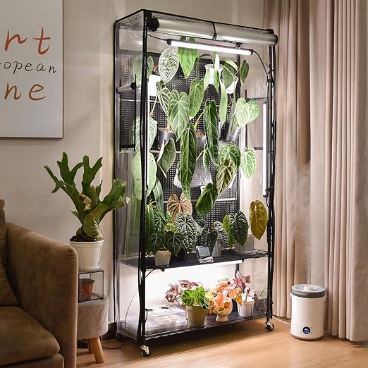 3-Tier Plant Shelf with Grow Lights and Pegboard