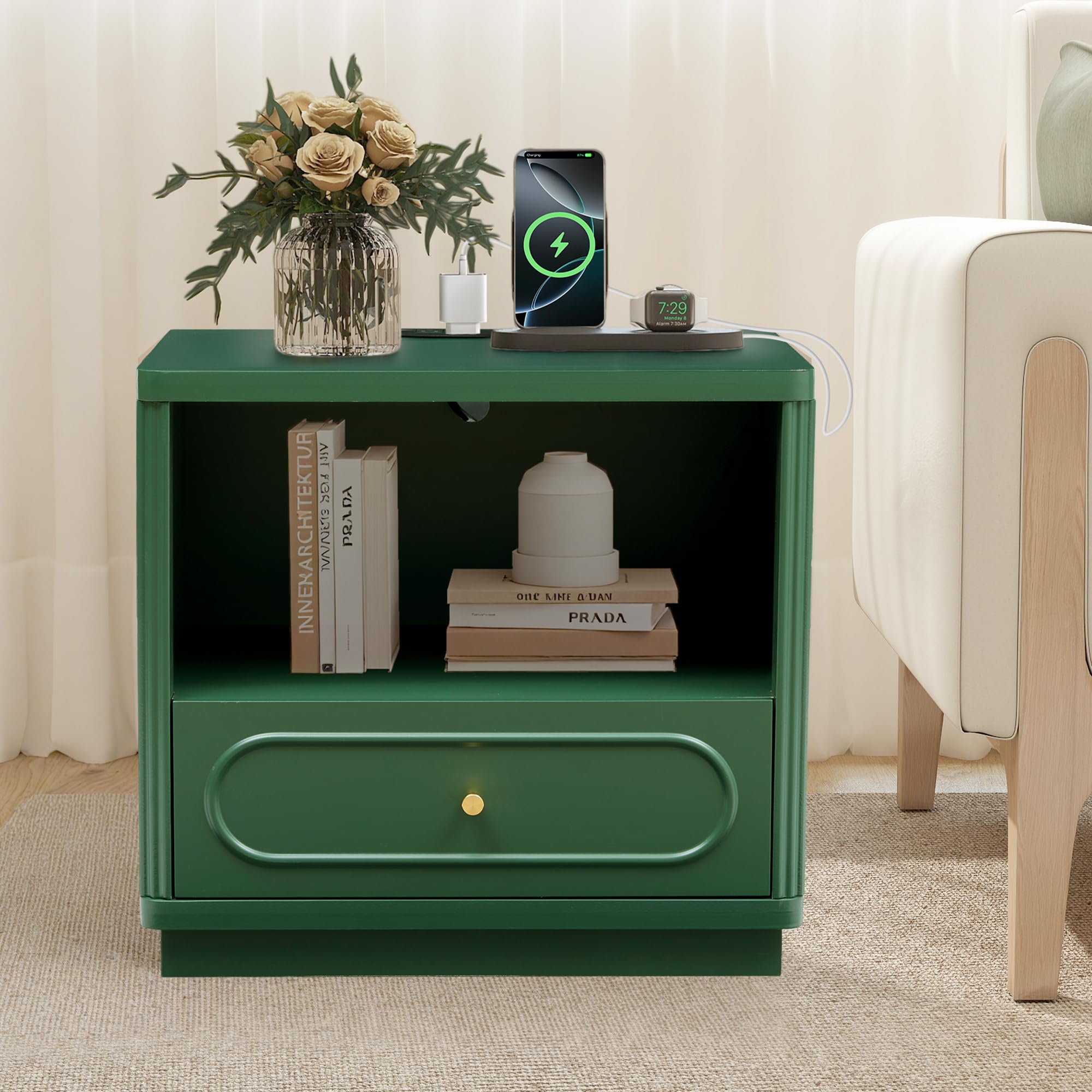Fluted Nightstand with Charging Station and Drawer Storage