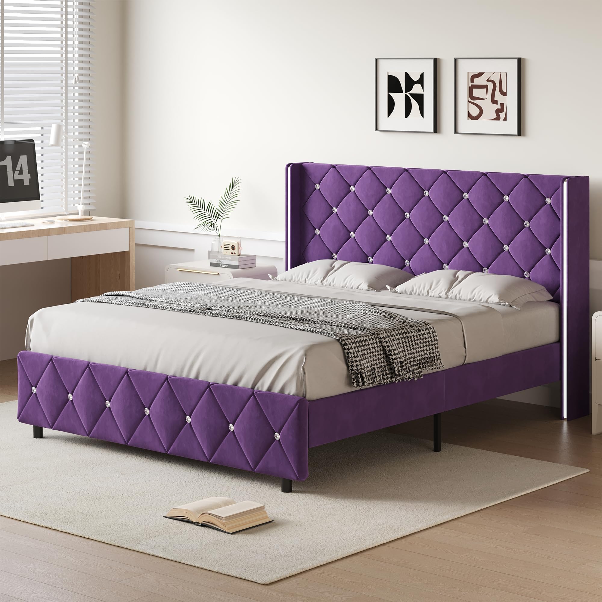 Full Size Diamond Tufted Bed Frame Purple