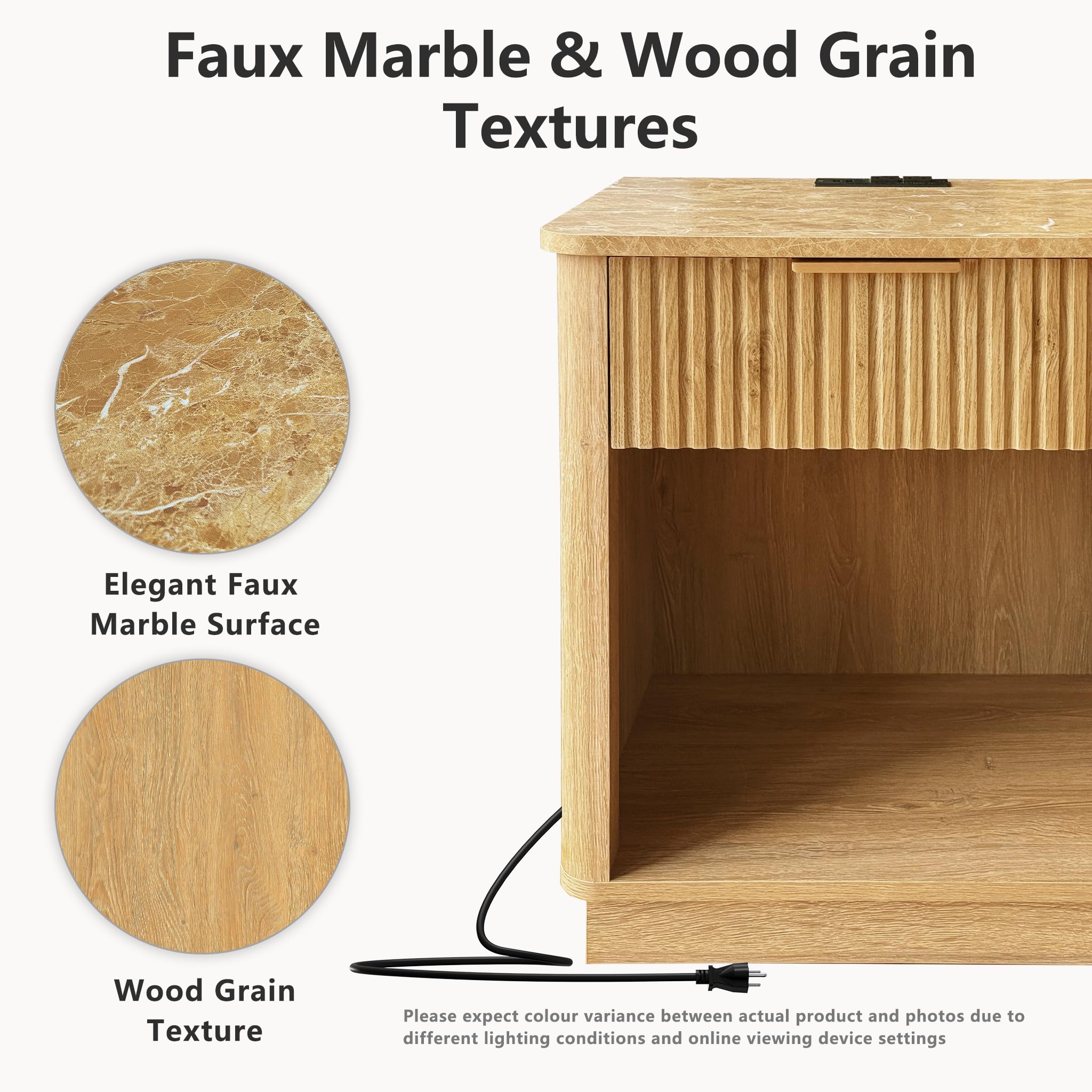 Fluted Nightstand Set of 2 with Charging Station