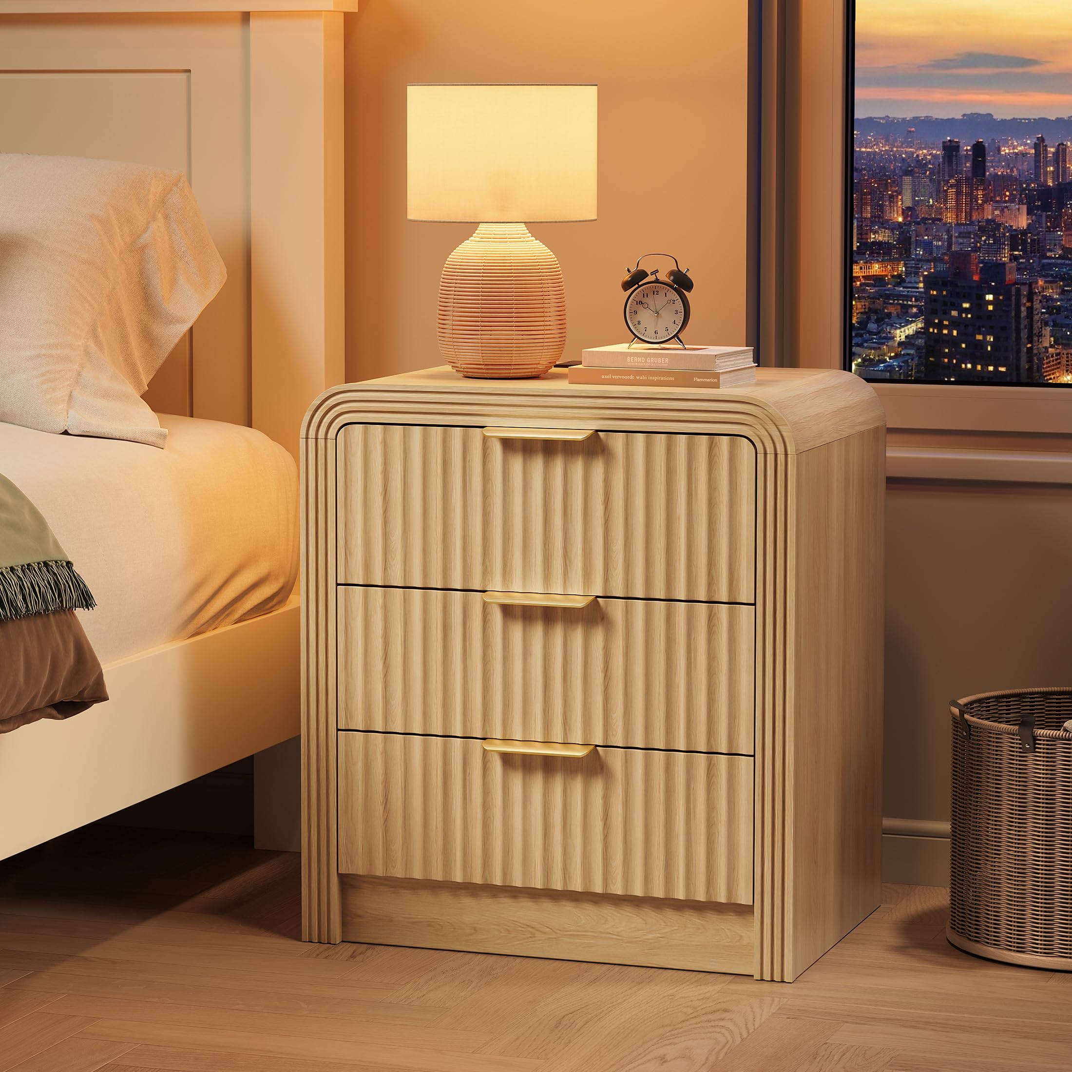 Fluted Nightstand with Charging Station and 3 Drawers