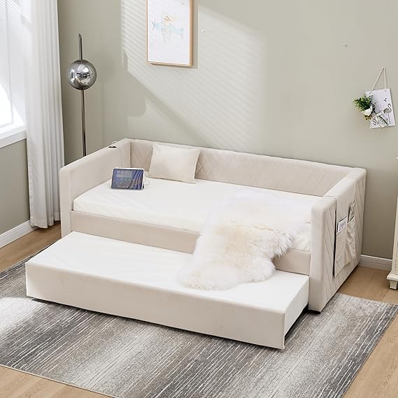 Twin Size Upholstered Daybed with Trundle and Charging Station