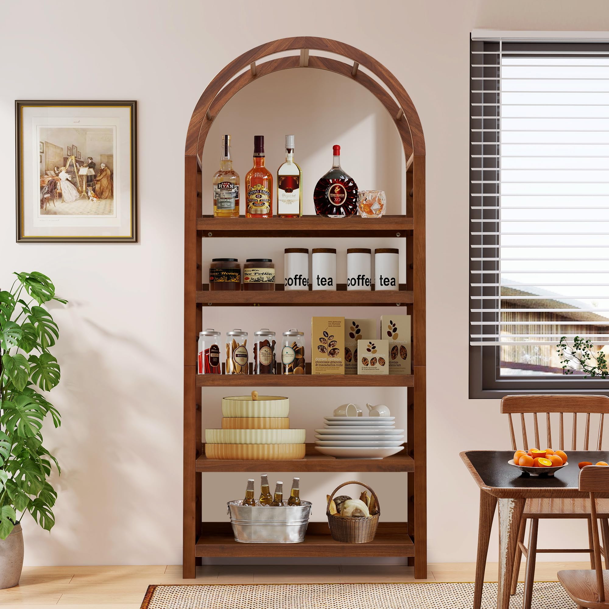 5-Tier Arched Bookshelf with Solid Wood Frame